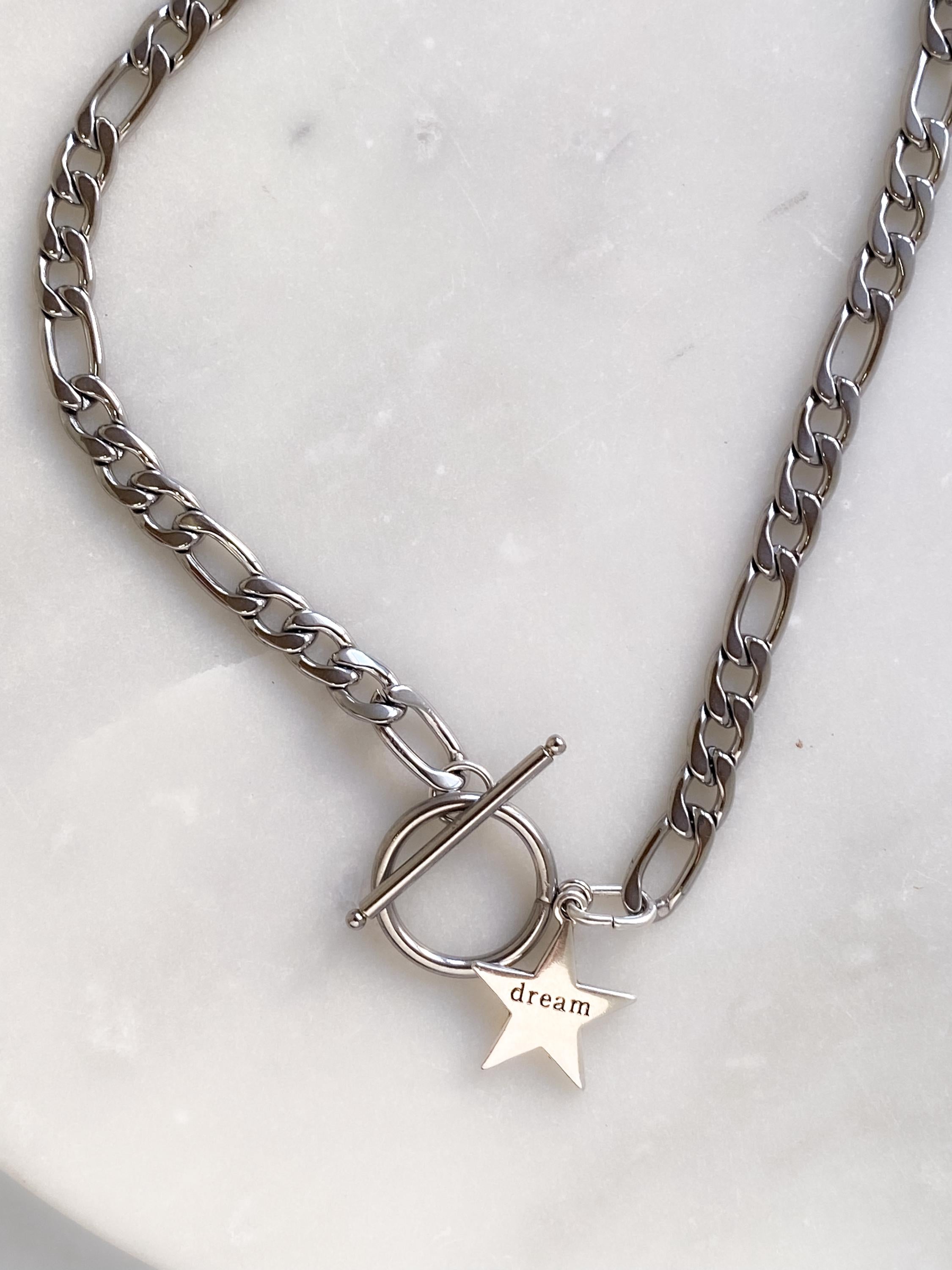 Silver Toggle Chain Necklace, Figaro chain Choker with star charm, Industrial Rock Style, DREAM