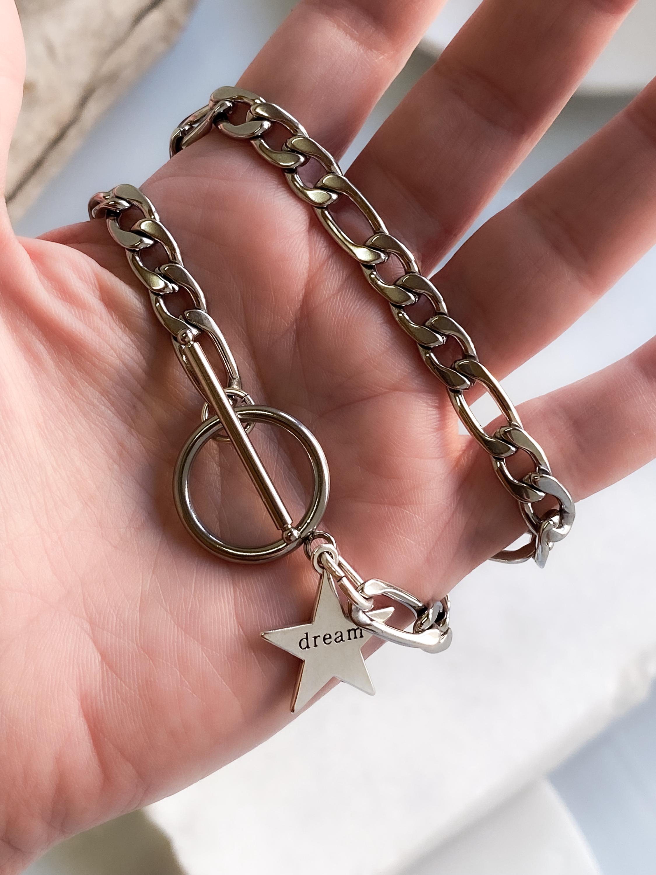 Silver Toggle Chain Necklace, Figaro chain Choker with star charm, Industrial Rock Style, DREAM