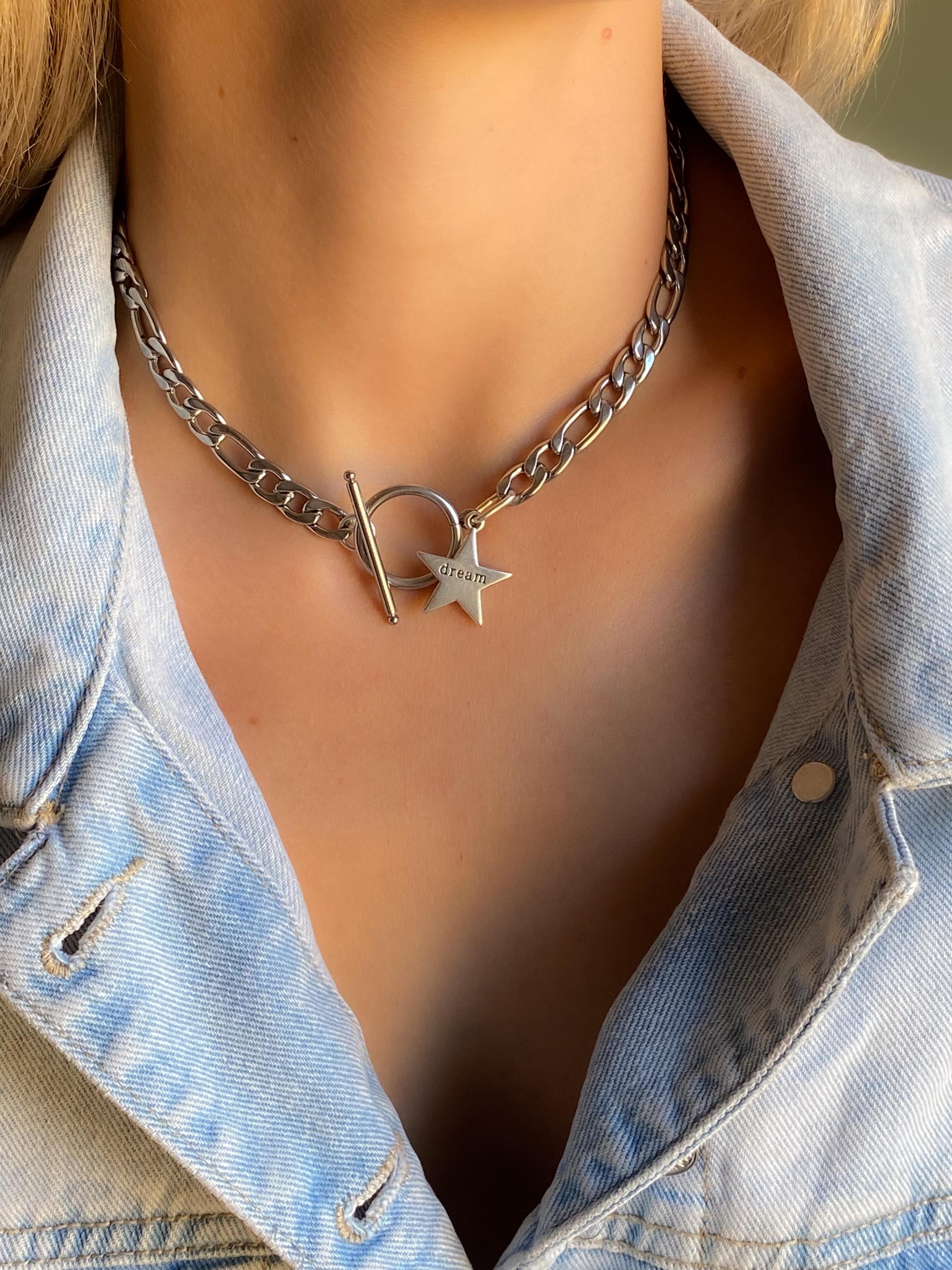 Silver Toggle Chain Necklace, Figaro chain Choker with star charm, Industrial Rock Style, DREAM