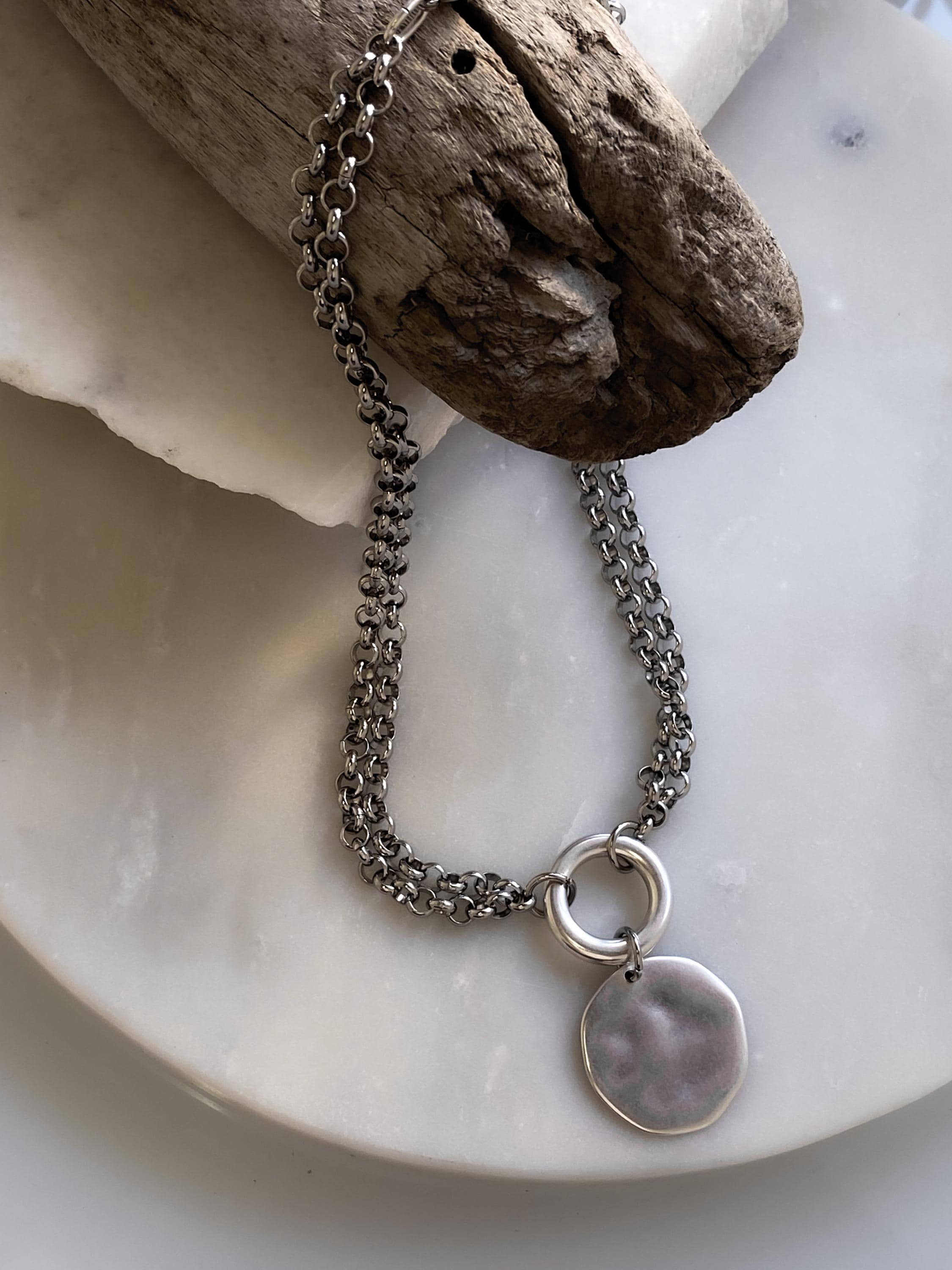 ADILON, Silver Double Chain Necklace with Coin