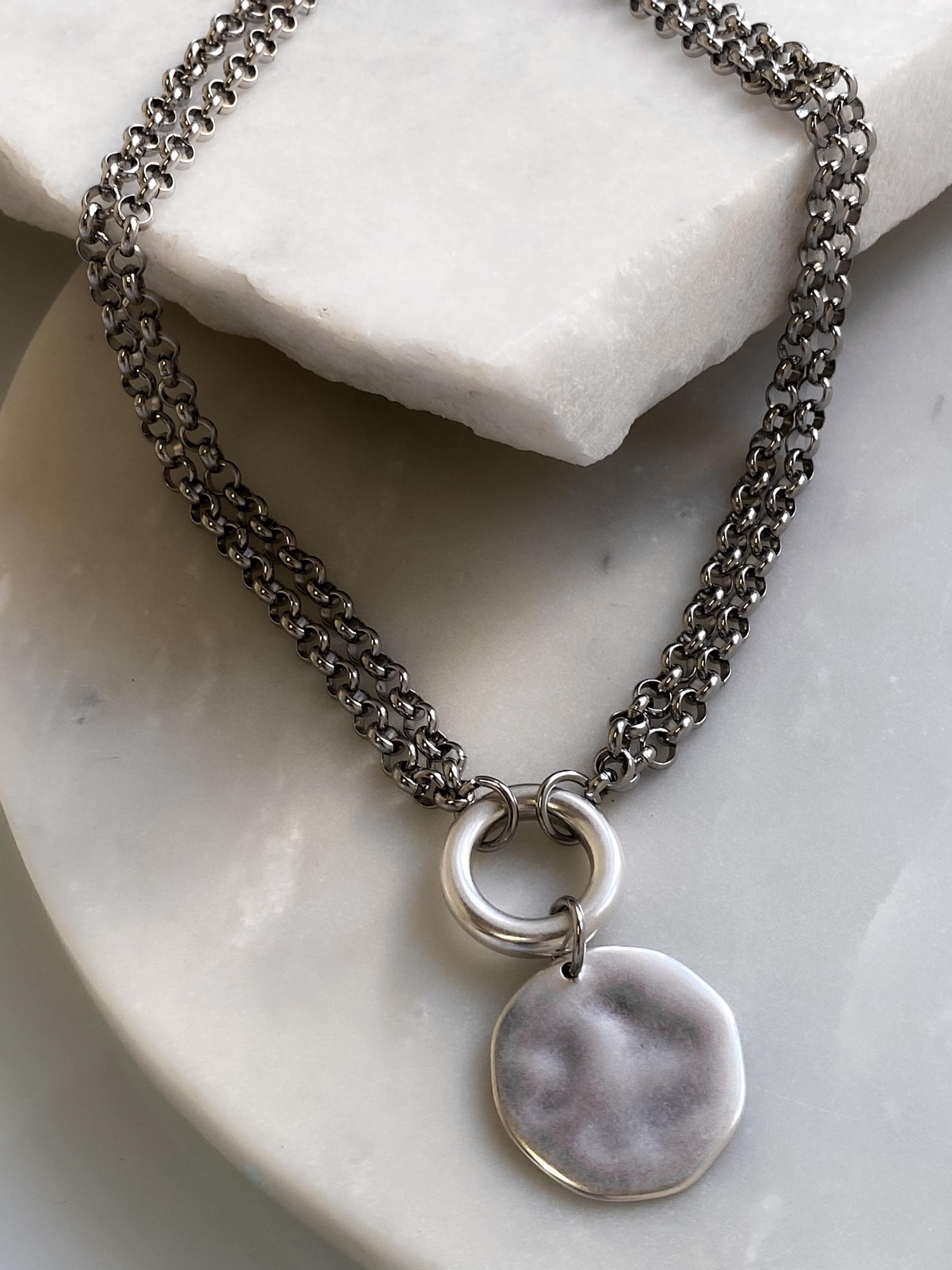 ADILON, Silver Double Chain Necklace with Coin