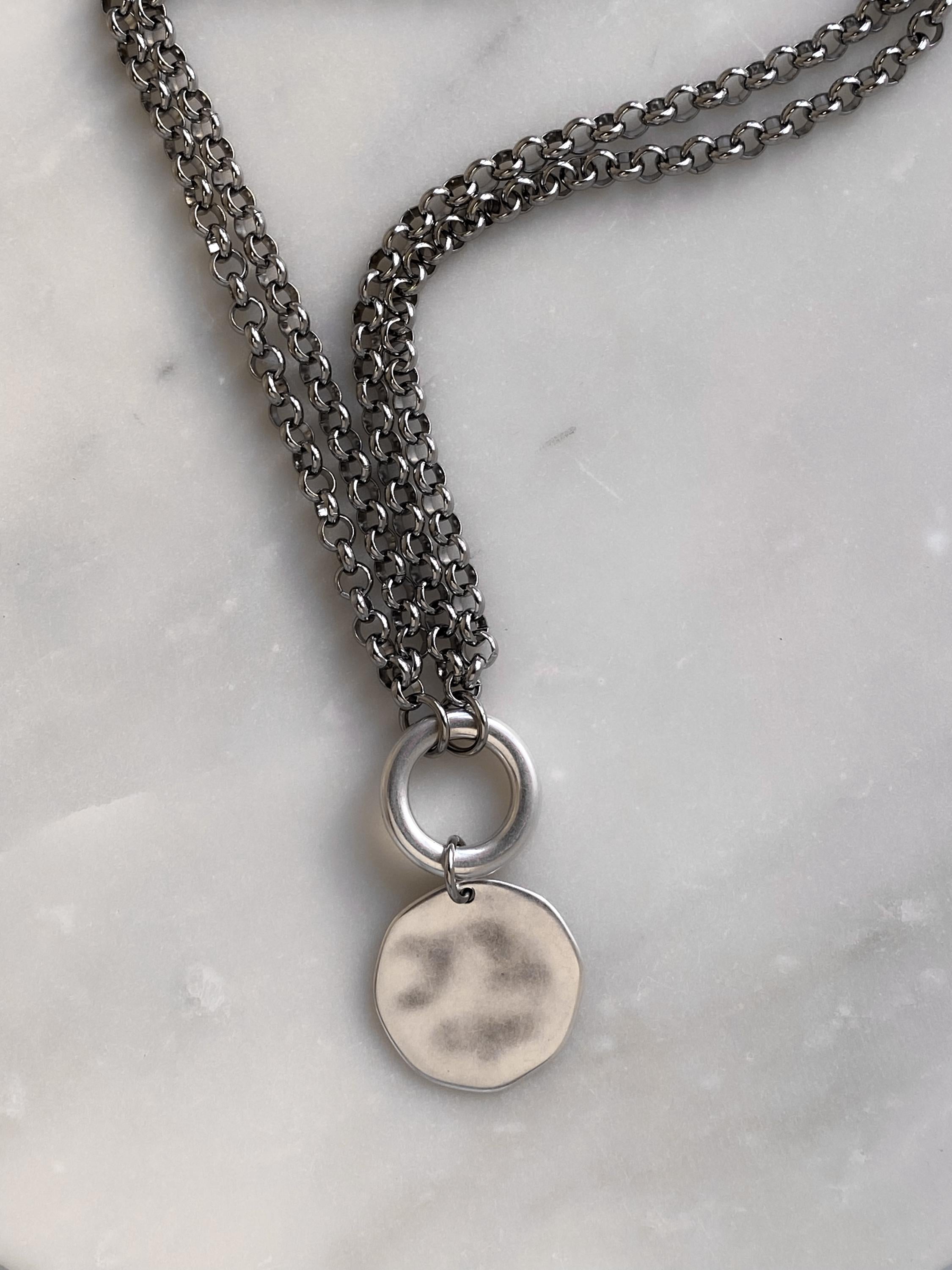ADILON, Silver Double Chain Necklace with Coin