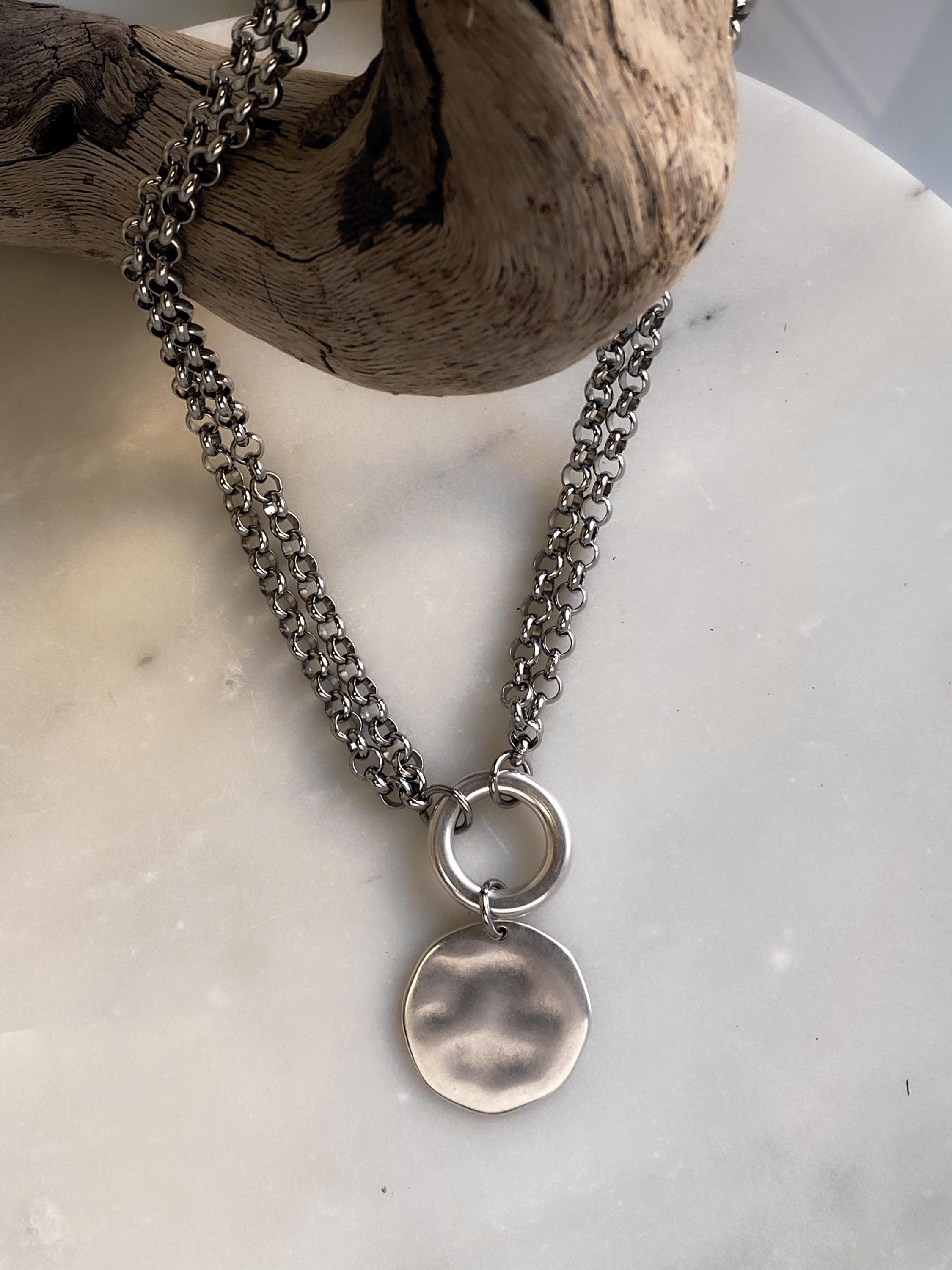 ADILON, Silver Double Chain Necklace with Coin