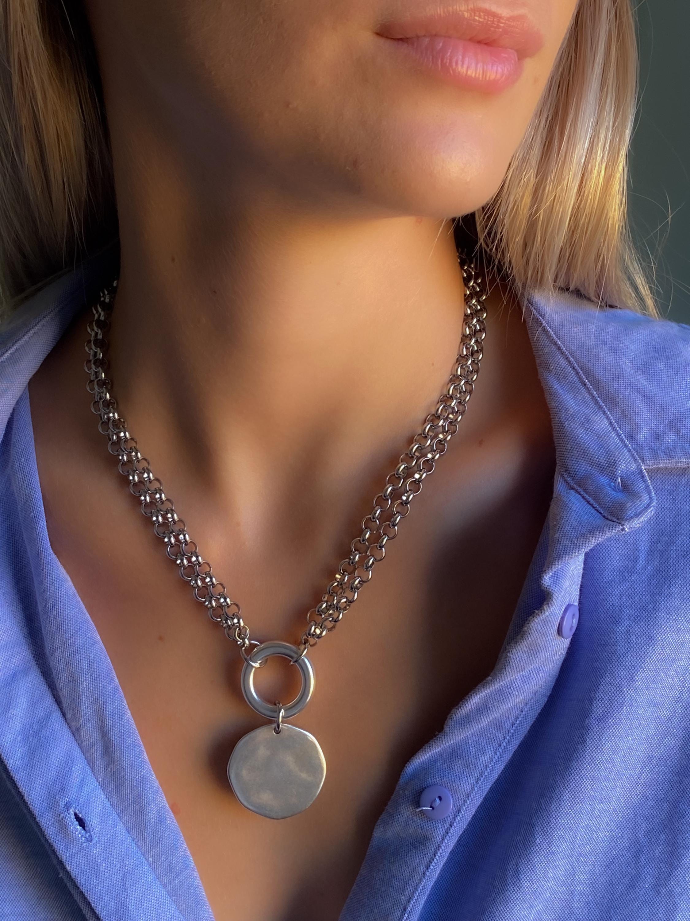 ADILON, Silver Double Chain Necklace with Coin