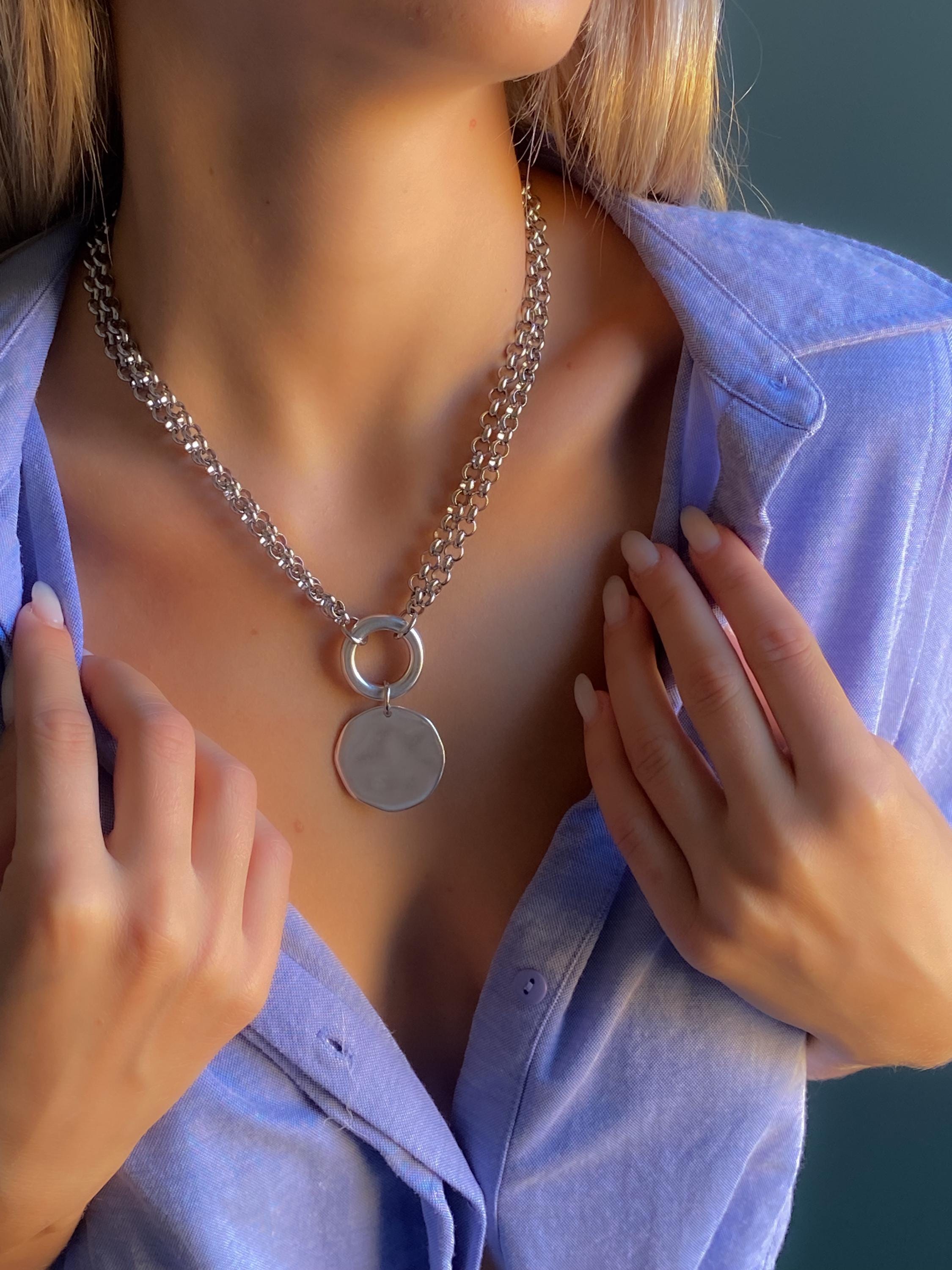 ADILON, Silver Double Chain Necklace with Coin