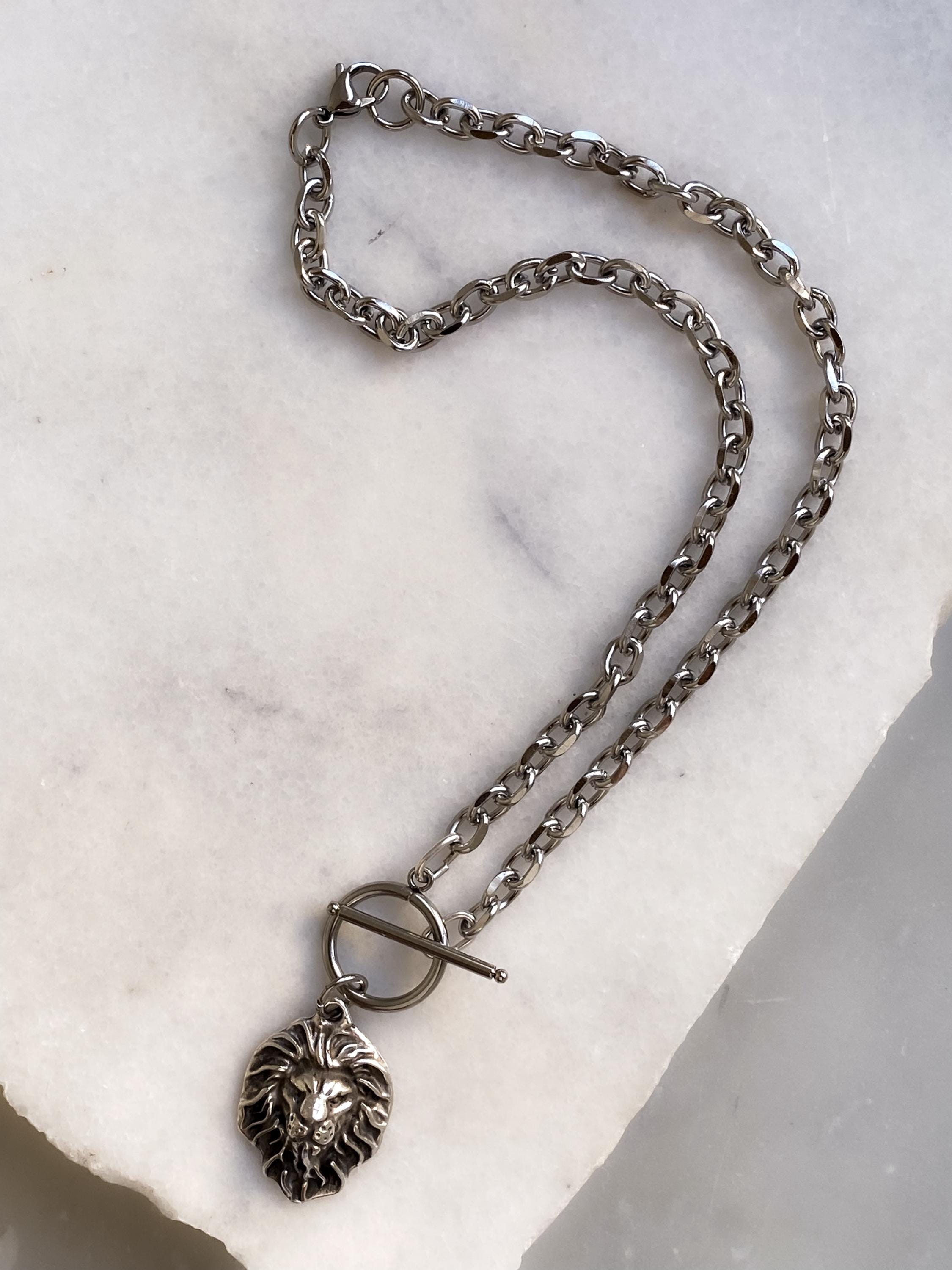 Women's Silver Chain Necklace with Lion Head Pendant, Toggle clasp Ancient Medallion, Vintage Style, Mother's Day Gift, LION
