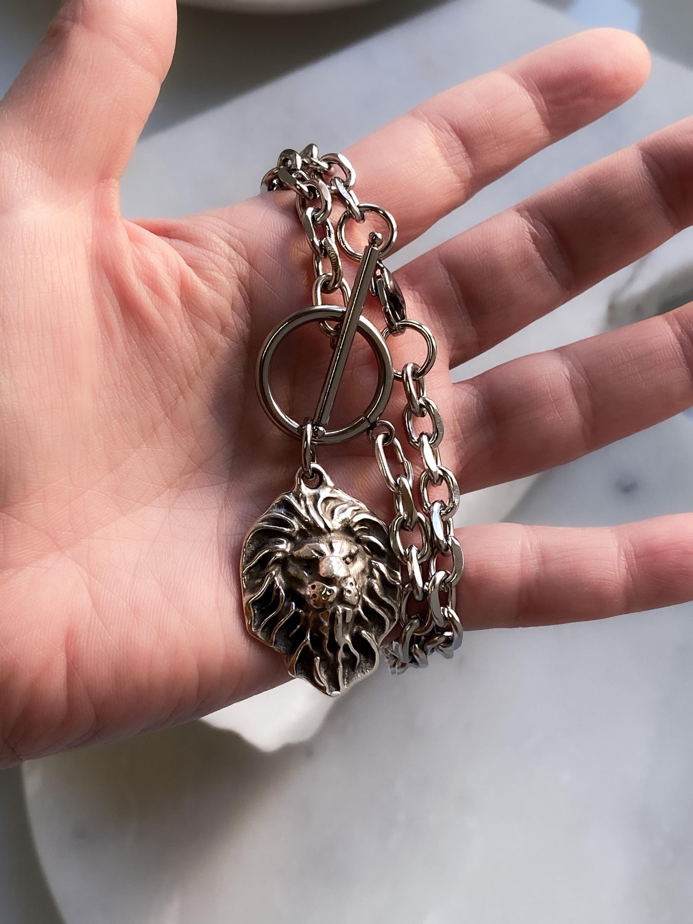 Women's Silver Chain Necklace with Lion Head Pendant, Toggle clasp Ancient Medallion, Vintage Style, Mother's Day Gift, LION