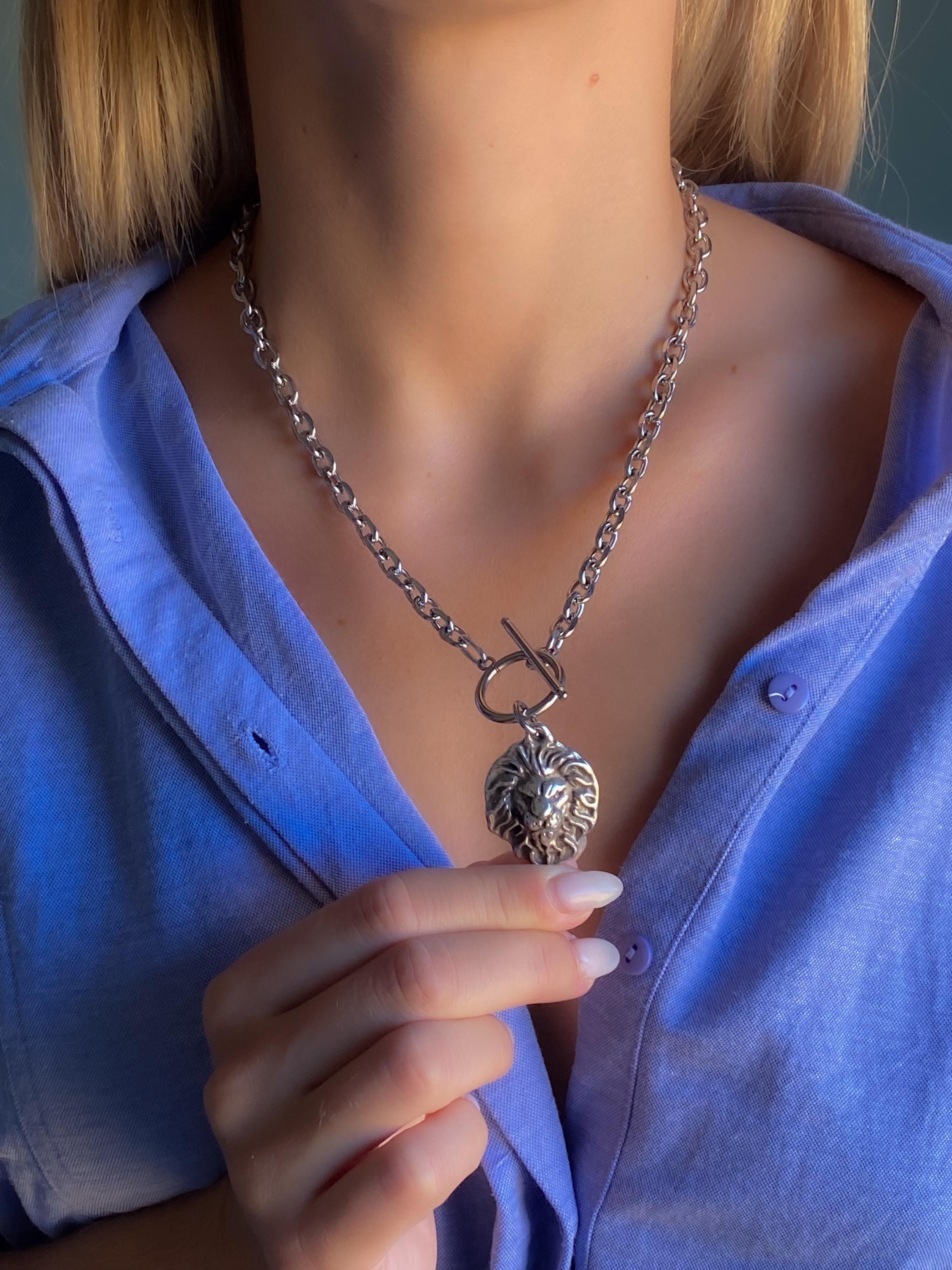 Women's Silver Chain Necklace with Lion Head Pendant, Toggle clasp Ancient Medallion, Vintage Style, Mother's Day Gift, LION