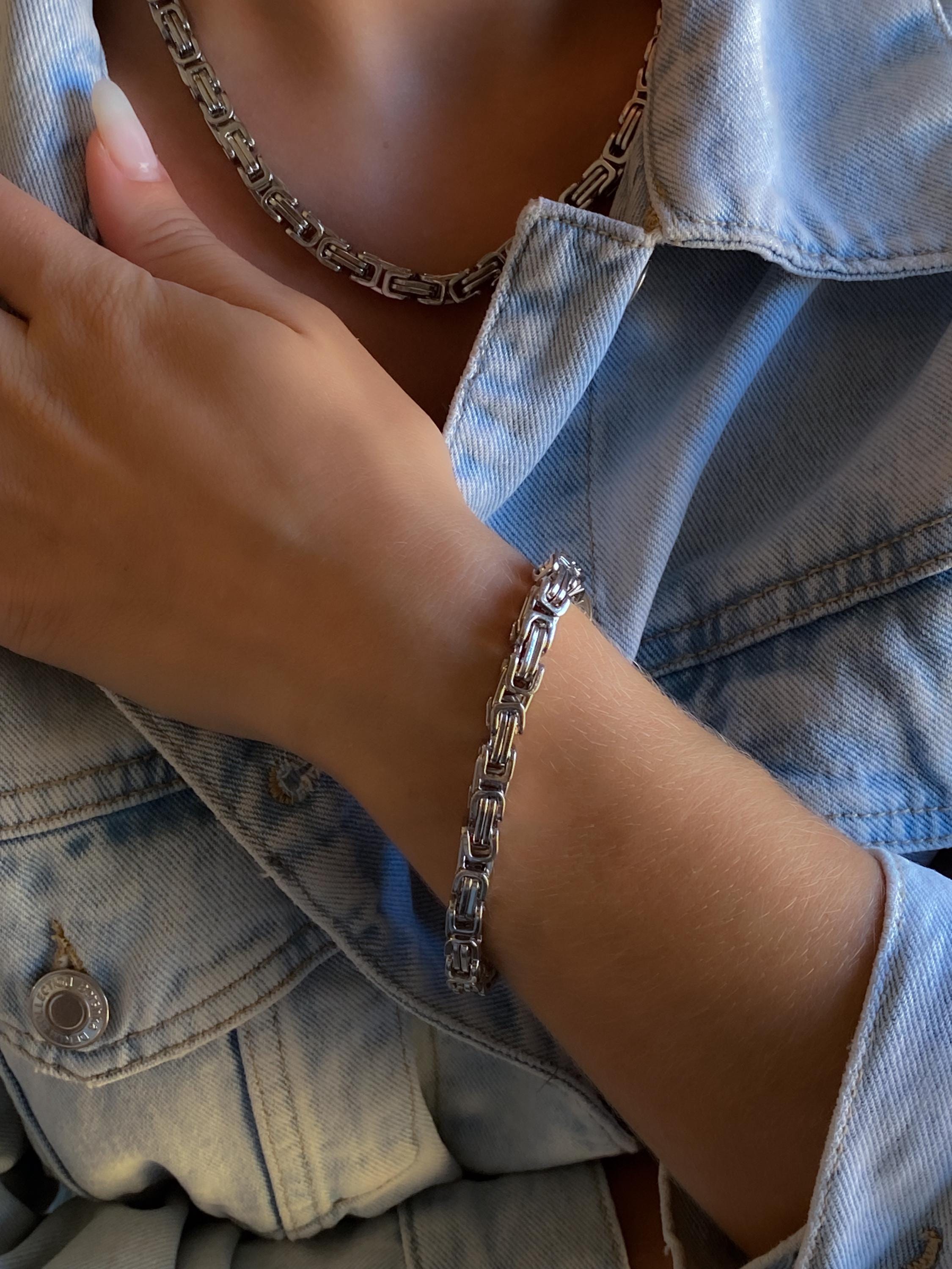 Silver Chunky Byzantine Chain Bracelet, Mums Gift Jewelry, Statement Thick Heavy Bracelet, Retro Vintage Style, Wife Anniversary Gift