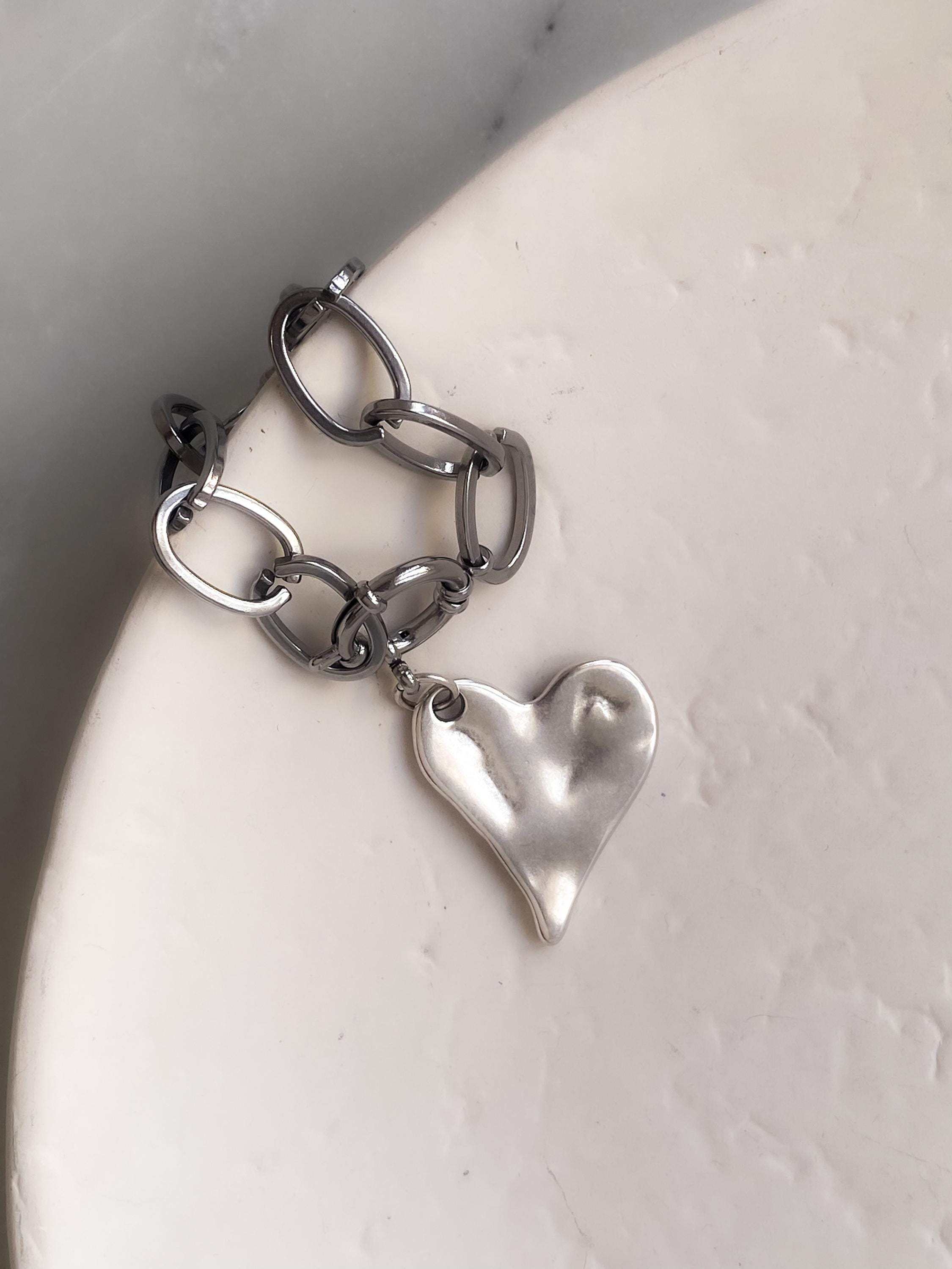 Silver Chunky Chain Bracelet with Heart Charm, Y2K Glam Rock Style, Valentine's Gift, AMOUR