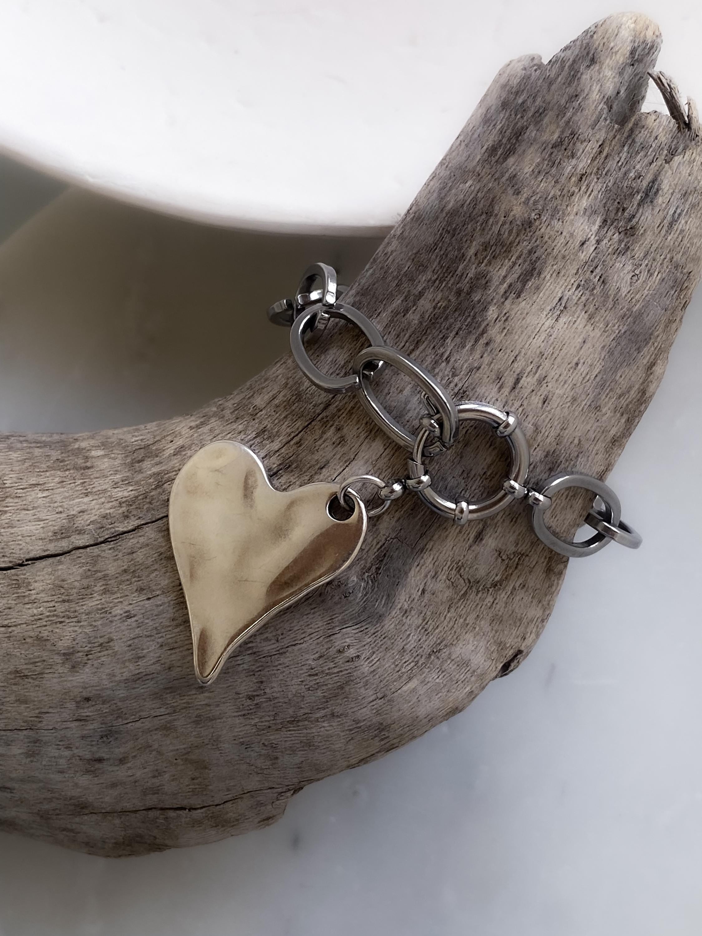 Silver Chunky Chain Bracelet with Heart Charm, Y2K Glam Rock Style, Valentine's Gift, AMOUR