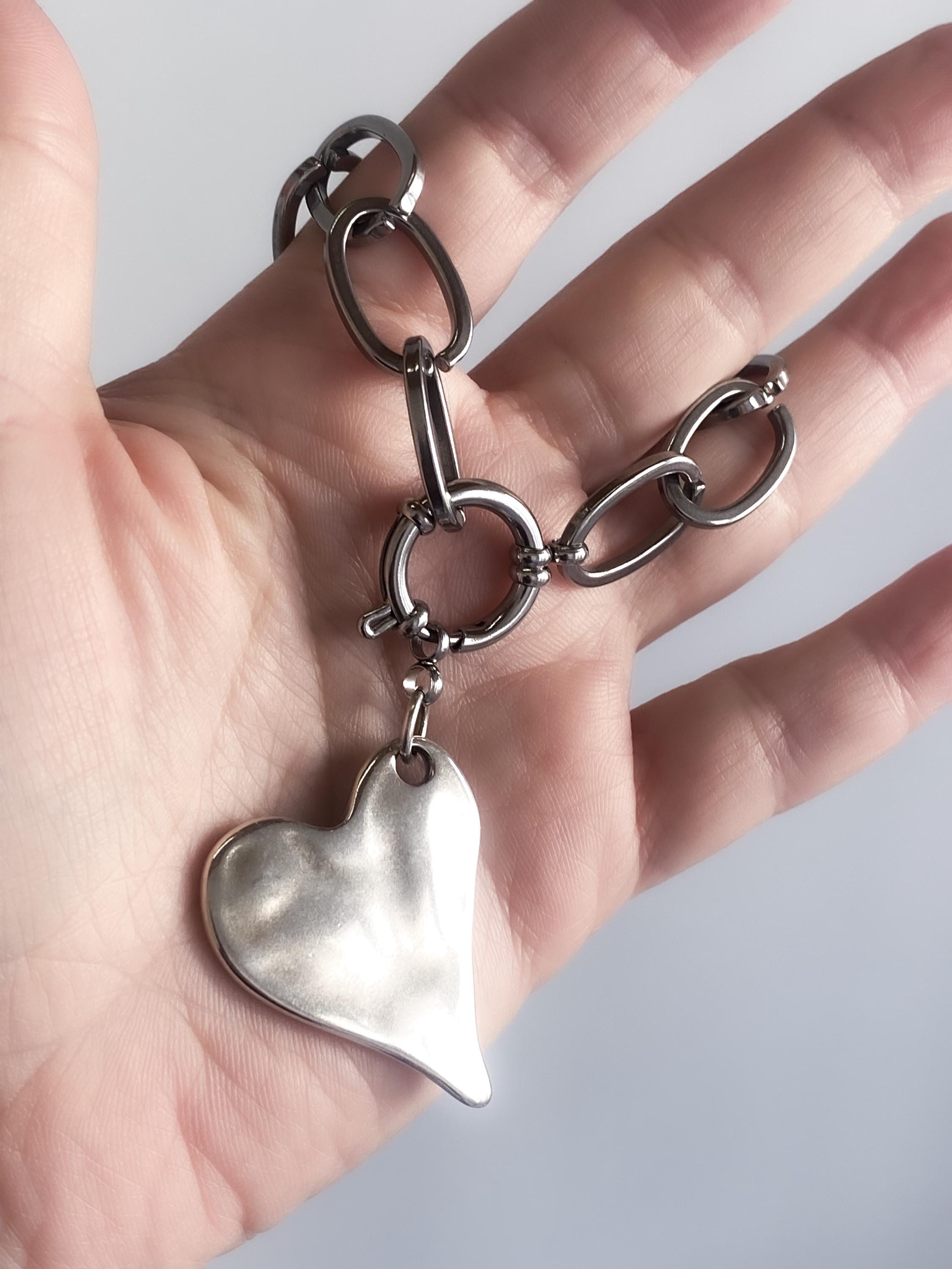Silver Chunky Chain Bracelet with Heart Charm, Y2K Glam Rock Style, Valentine's Gift, AMOUR
