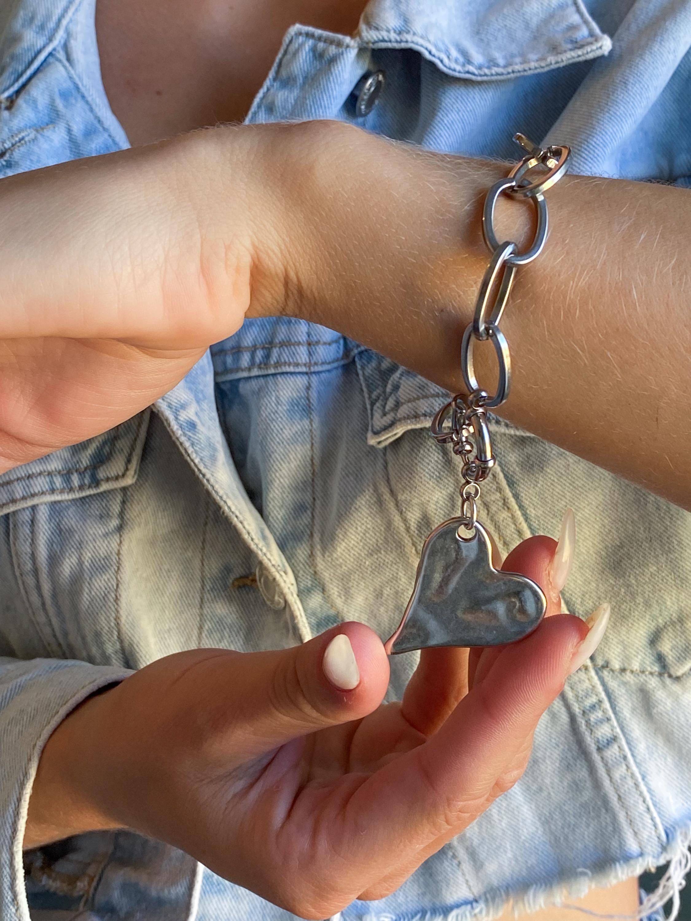 Silver Chunky Chain Bracelet with Heart Charm, Y2K Glam Rock Style, Valentine's Gift, AMOUR