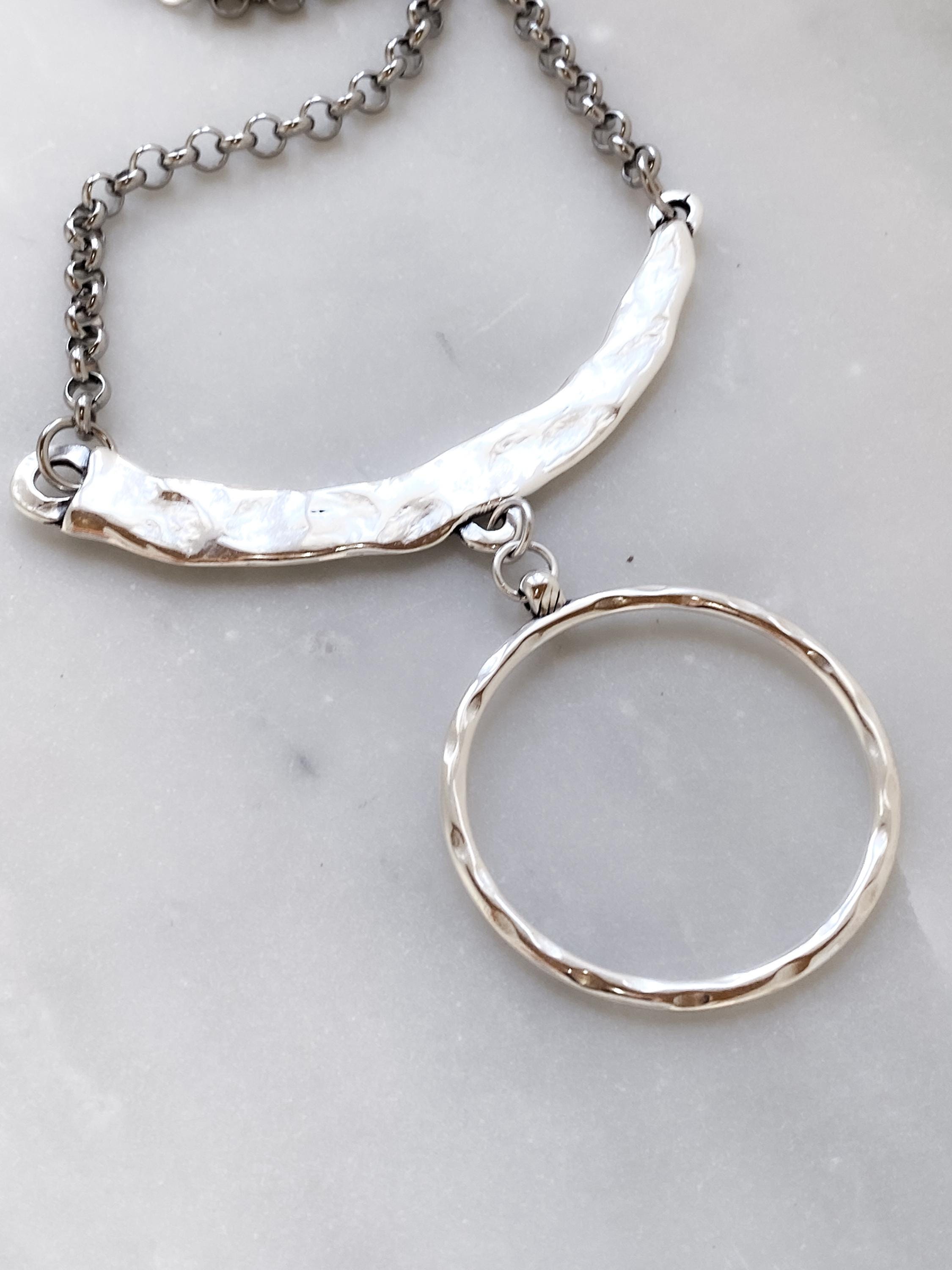 Silver Chunky Chain Necklace, Large O Ring Pendant Necklace, Organic Hammered collar, Modern Rock style, OTTO
