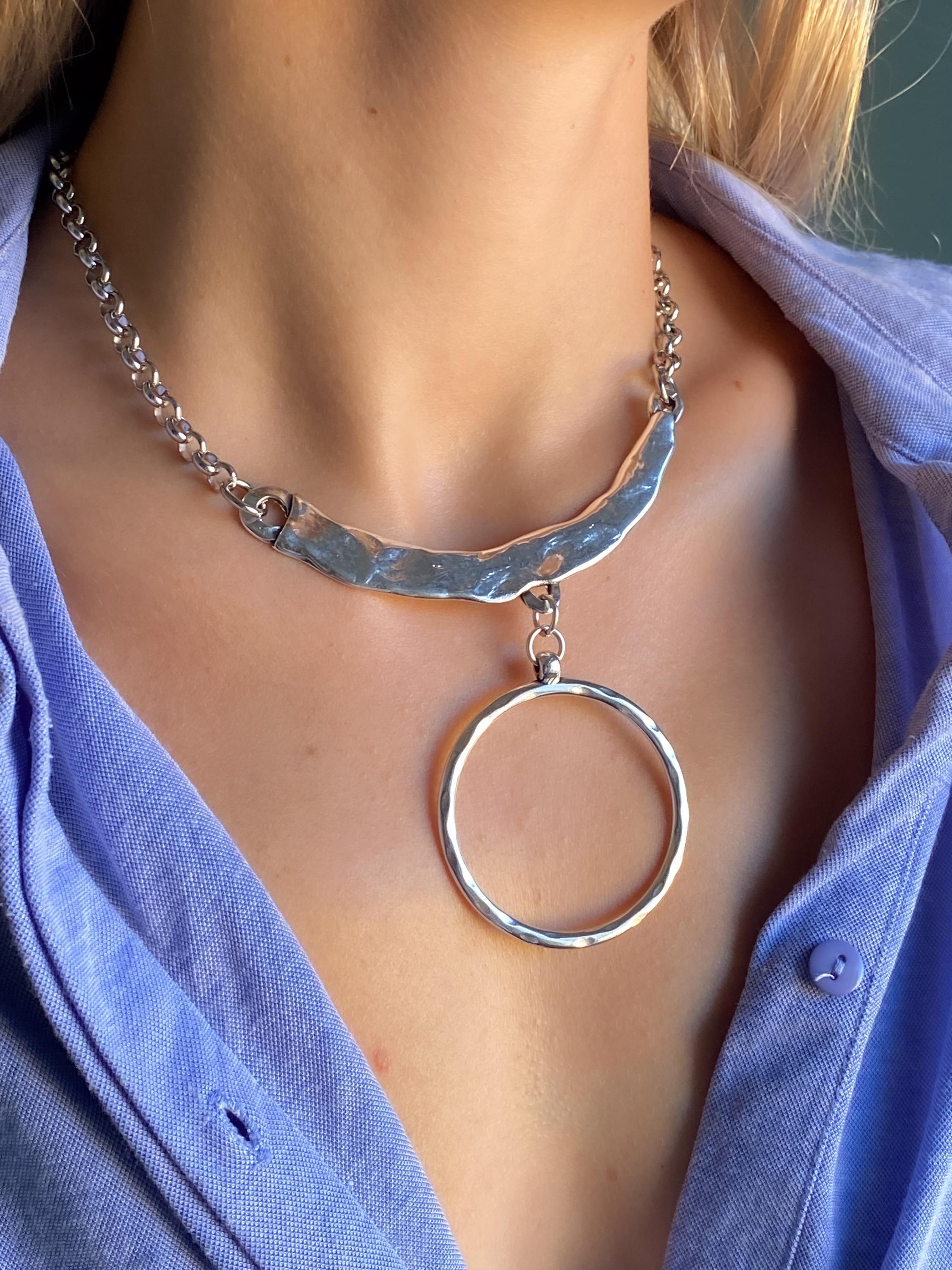 Silver Chunky Chain Necklace, Large O Ring Pendant Necklace, Organic Hammered collar, Modern Rock style, OTTO