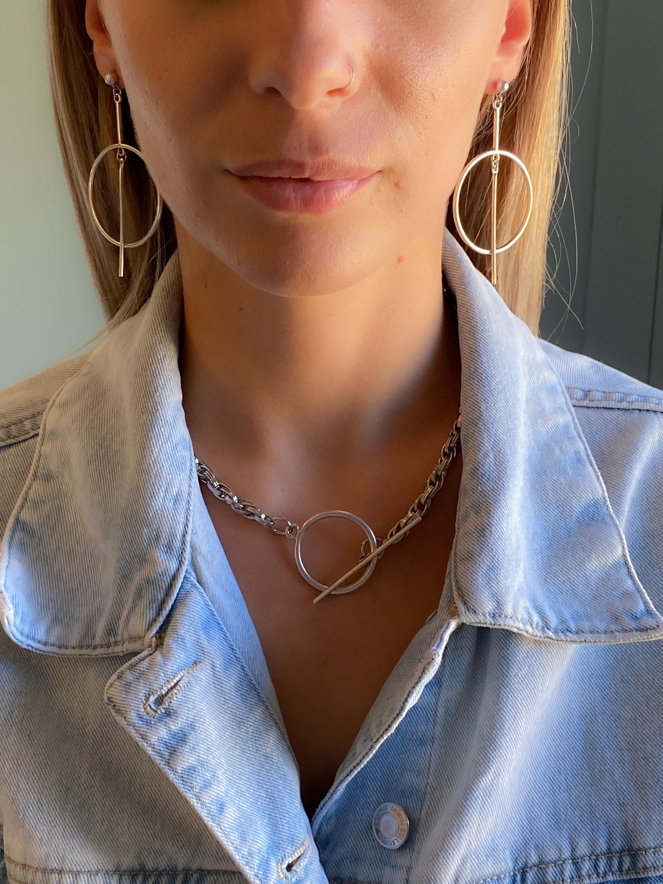 Silver Chunky Necklace, Big Toggle Chain Necklace, Oversize Toggle Clasp Choker, Industrial Style, MADI