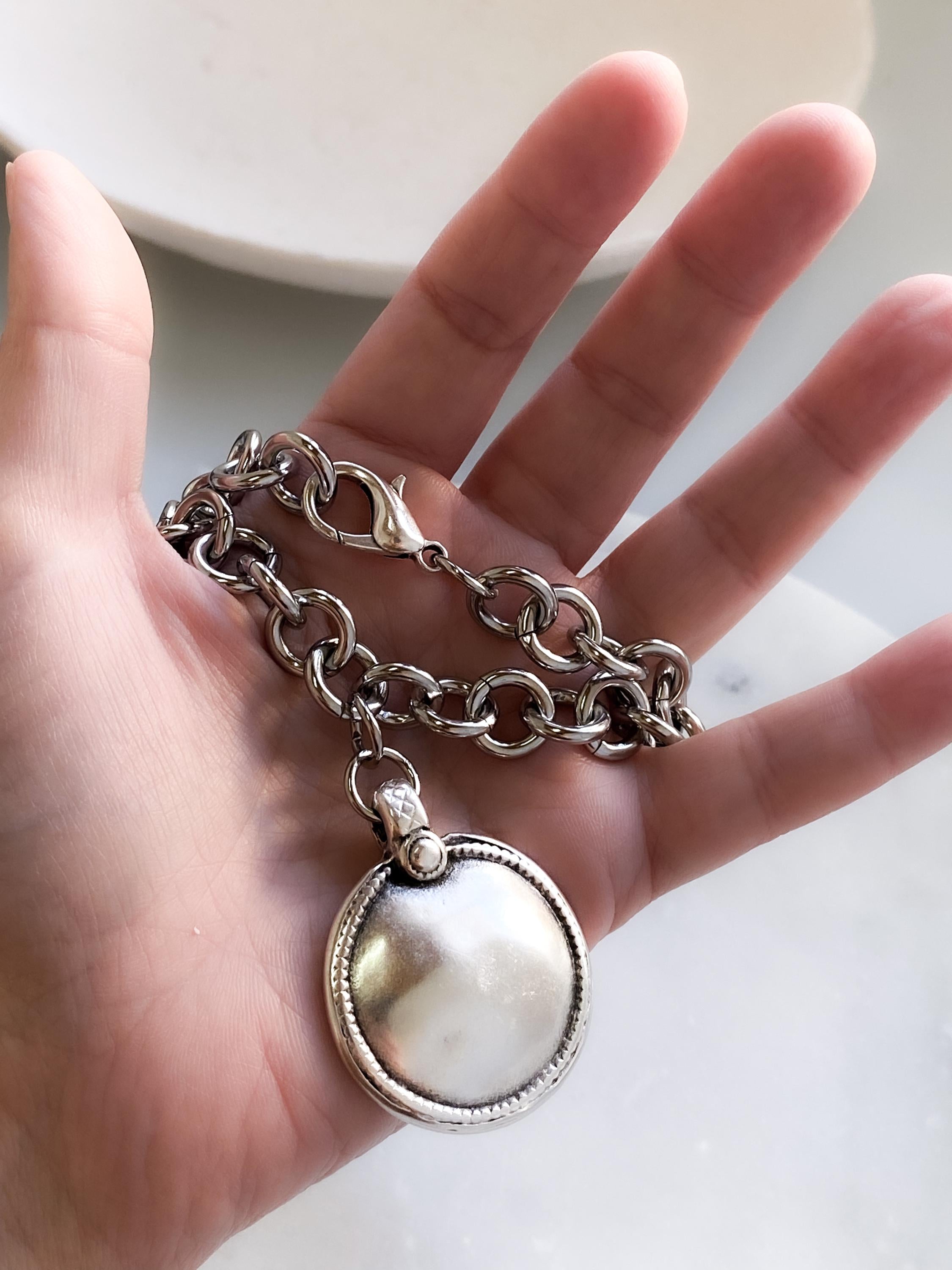 Long Chunky Chain Necklace, Ancient Large Silver Round Pendant, Antique Style Jewelry, GIO