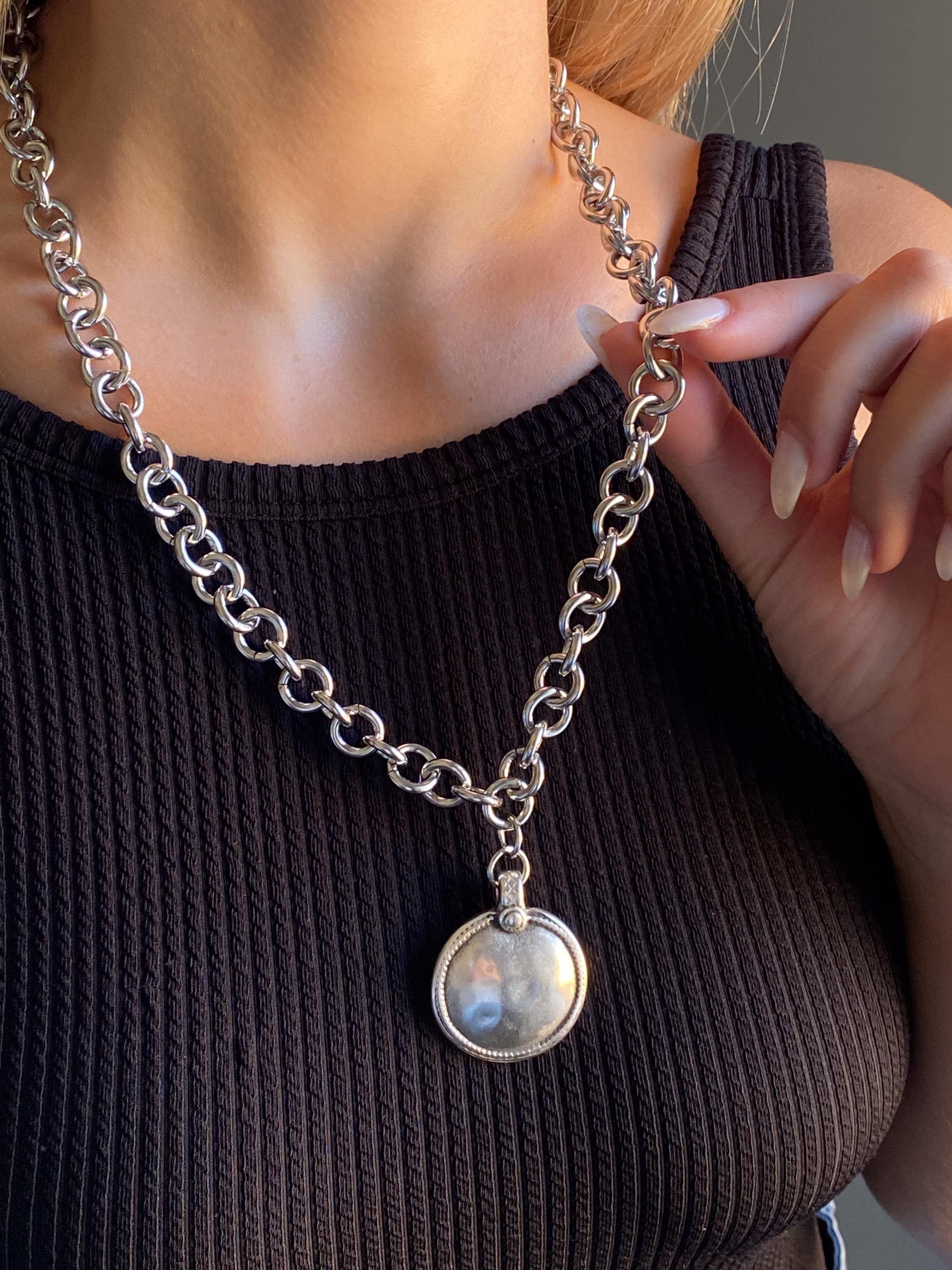 Long Chunky Chain Necklace, Ancient Large Silver Round Pendant, Antique Style Jewelry, GIO