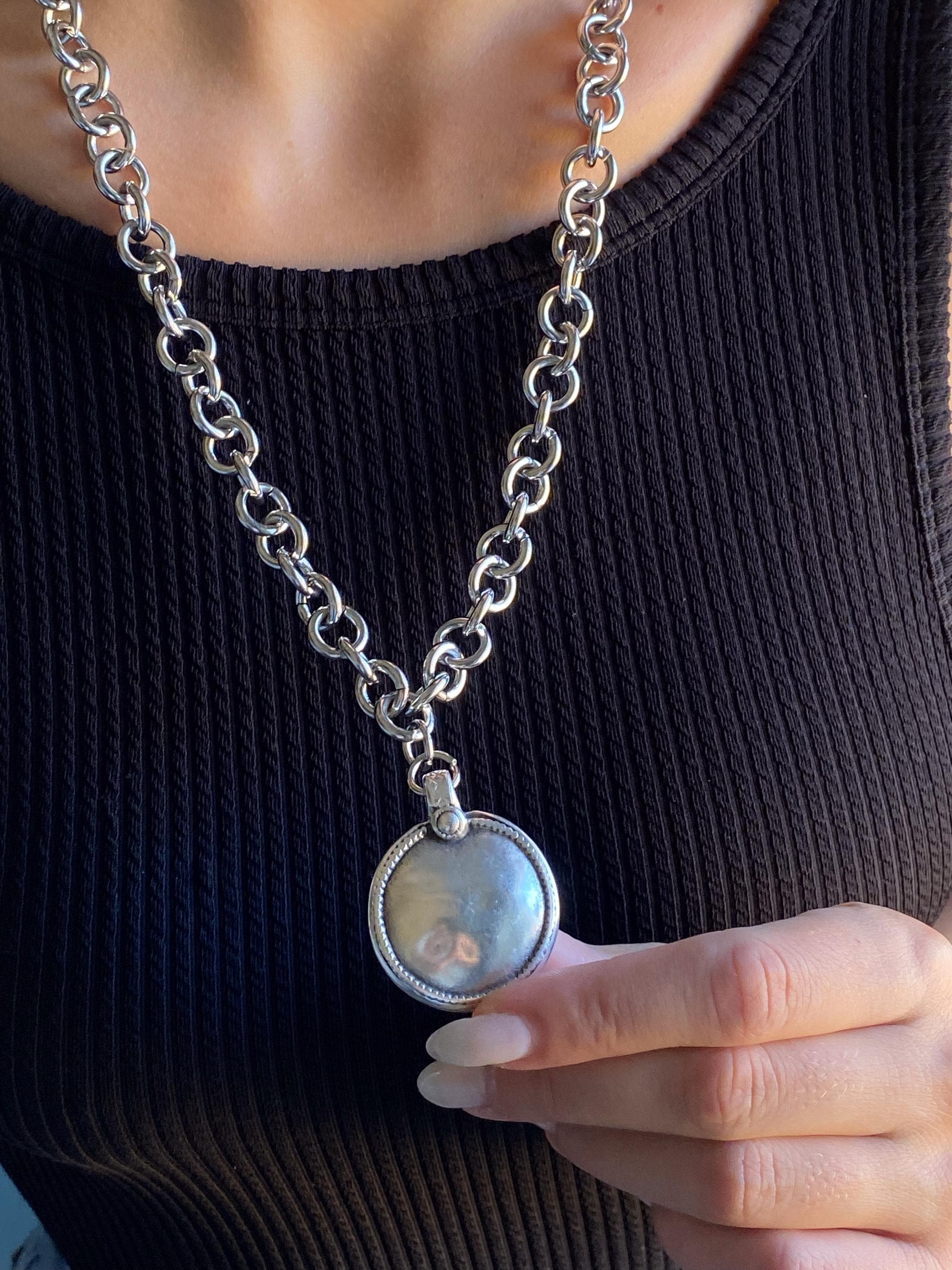 Long Chunky Chain Necklace, Ancient Large Silver Round Pendant, Antique Style Jewelry, GIO