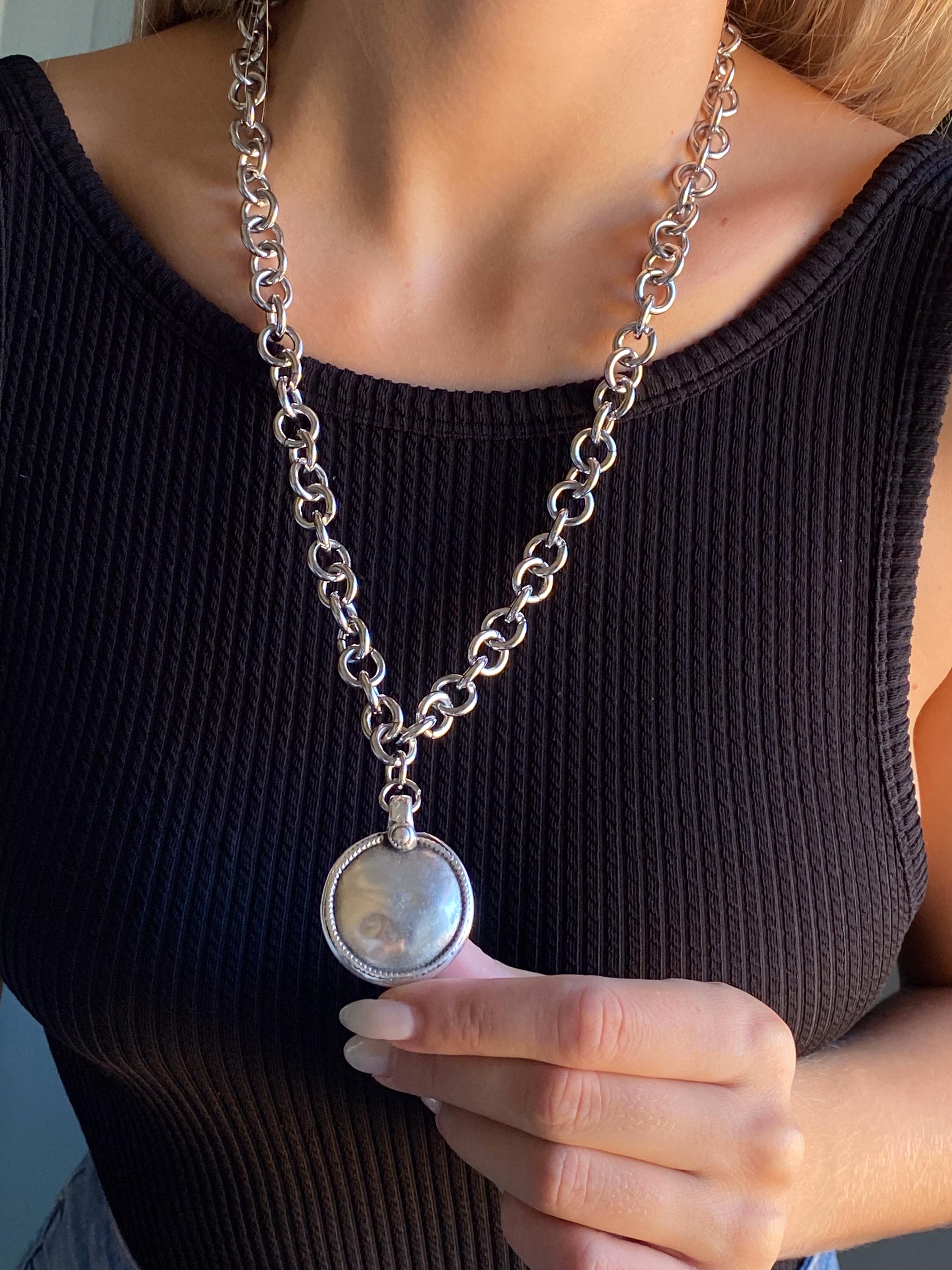 Long Chunky Chain Necklace, Ancient Large Silver Round Pendant, Antique Style Jewelry, GIO