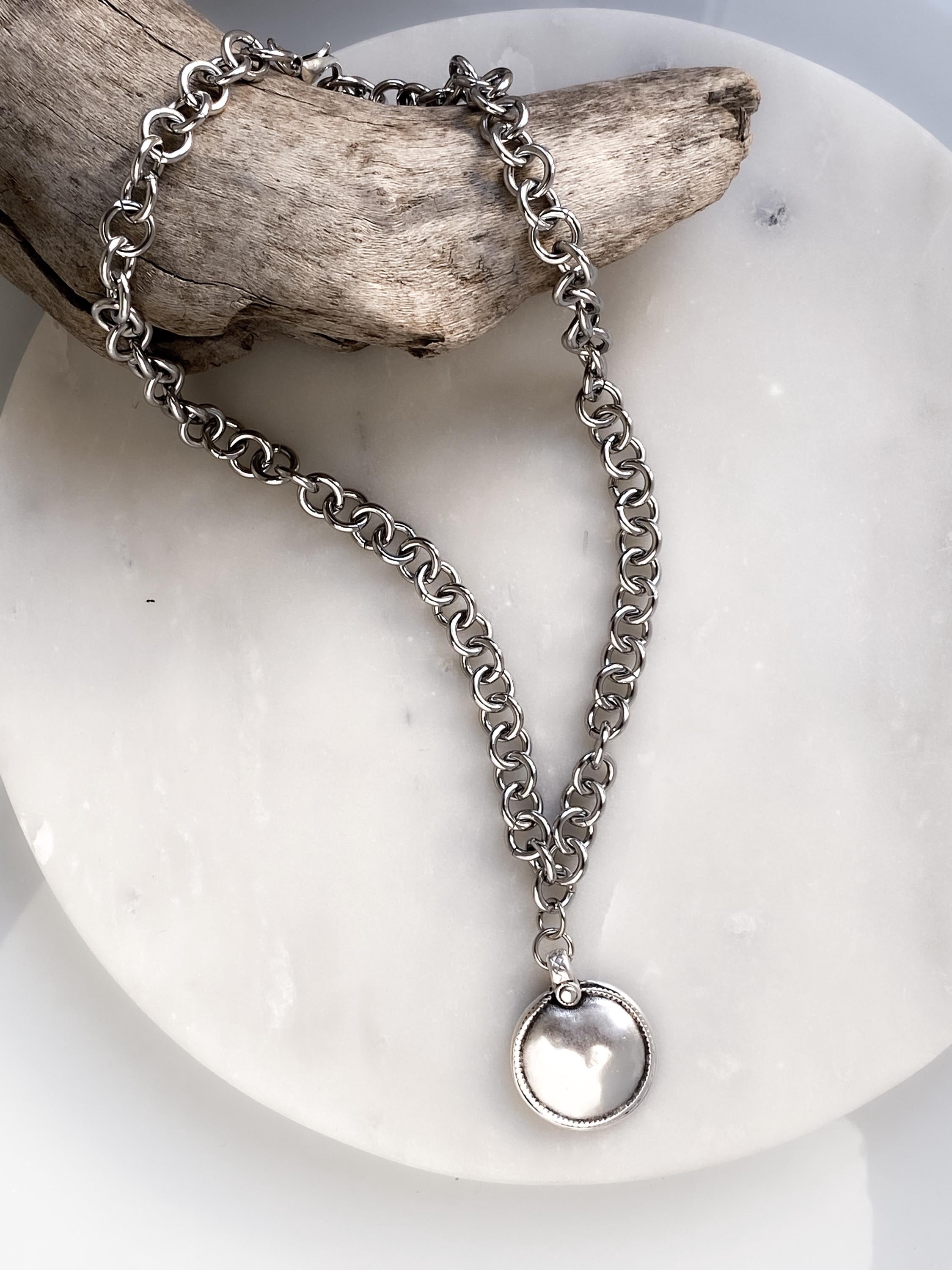 Long Chunky Chain Necklace, Ancient Large Silver Round Pendant, Antique Style Jewelry, GIO