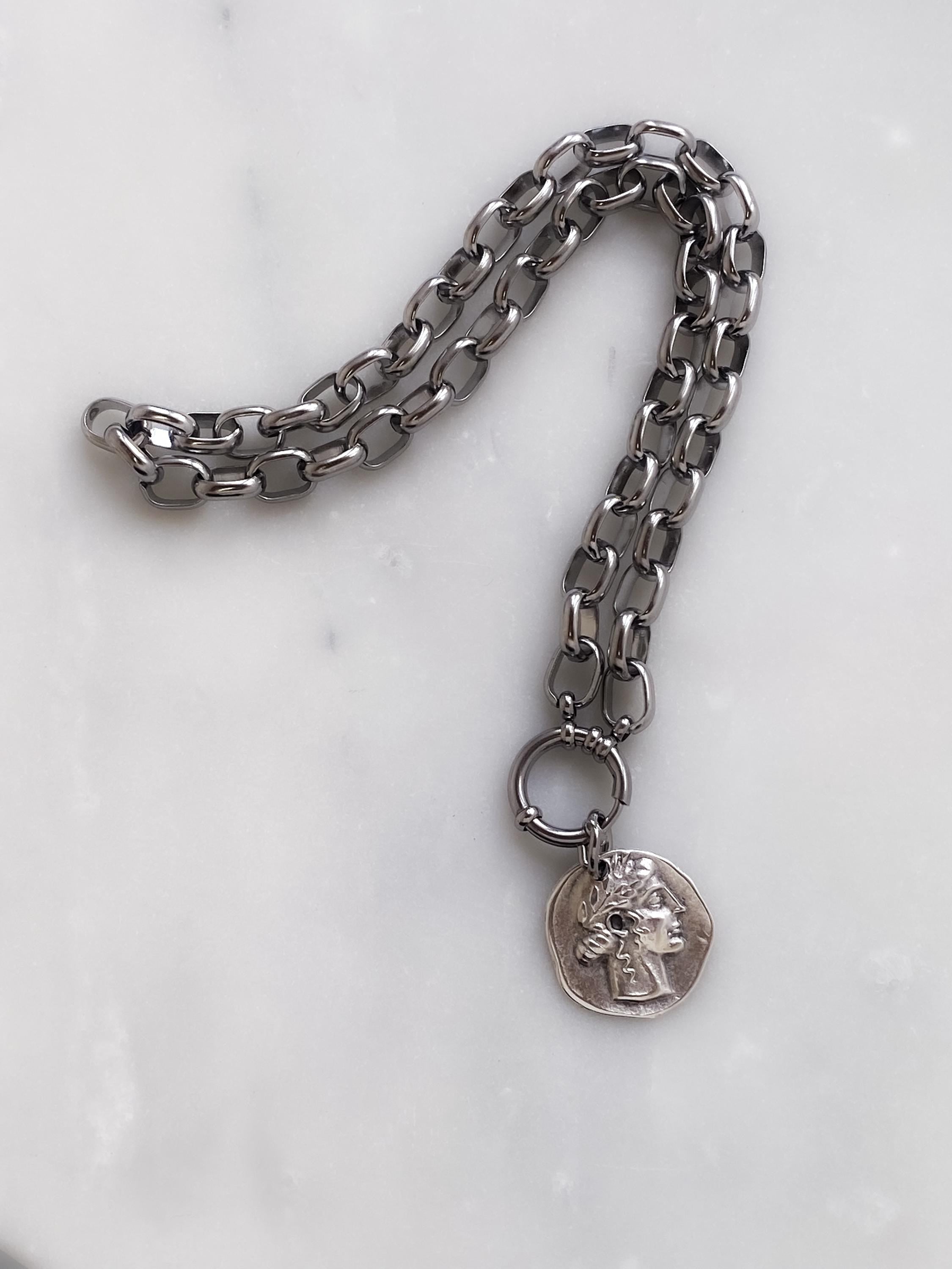 Chunky Silver Coin Necklace, Ancient Greek Medallion Pendant, Antique Boho Style, NIAM