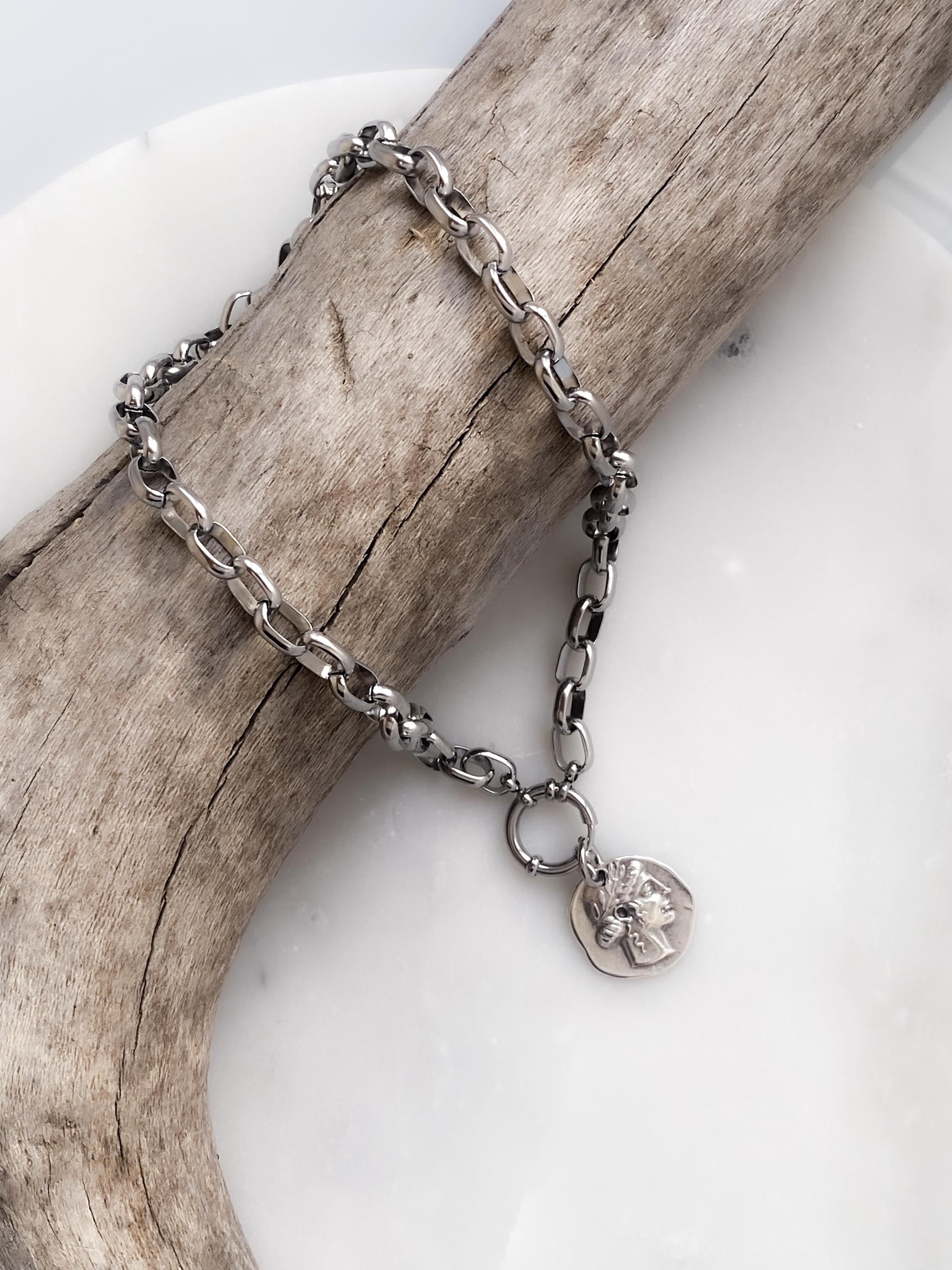 Chunky Silver Coin Necklace, Ancient Greek Medallion Pendant, Antique Boho Style, NIAM