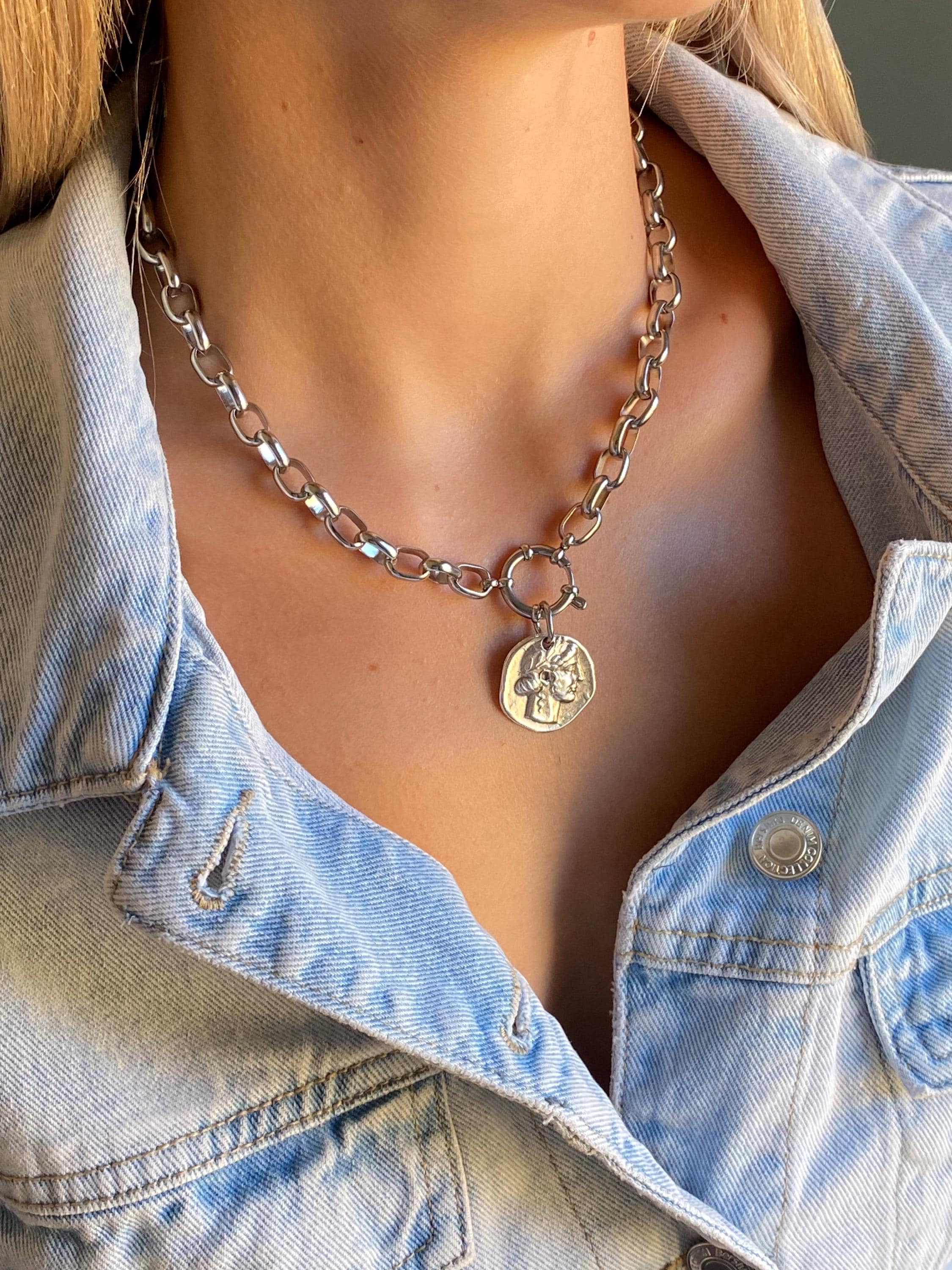 Chunky Silver Coin Necklace, Ancient Greek Medallion Pendant, Antique Boho Style, NIAM