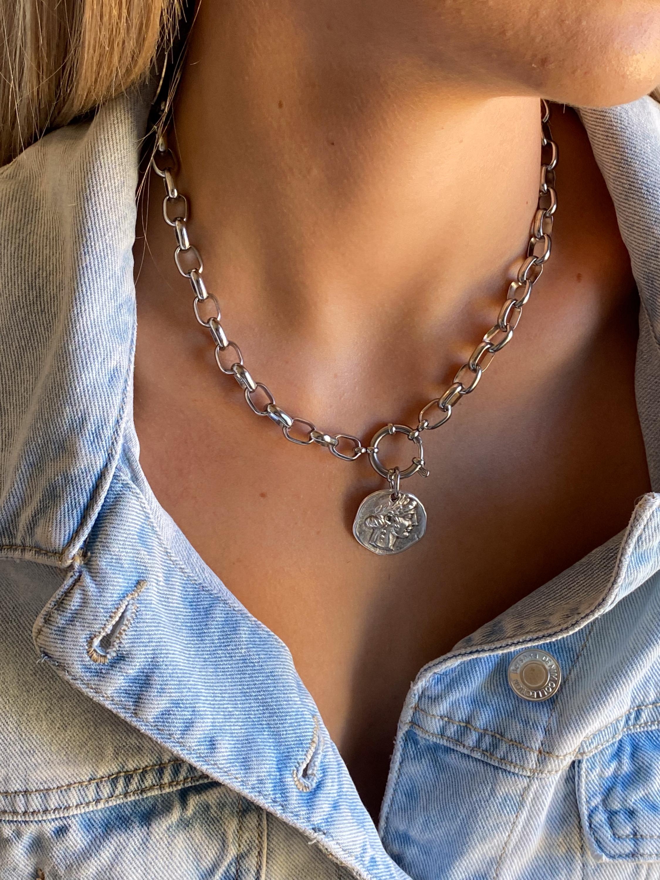 Chunky Silver Coin Necklace, Ancient Greek Medallion Pendant, Antique Boho Style, NIAM