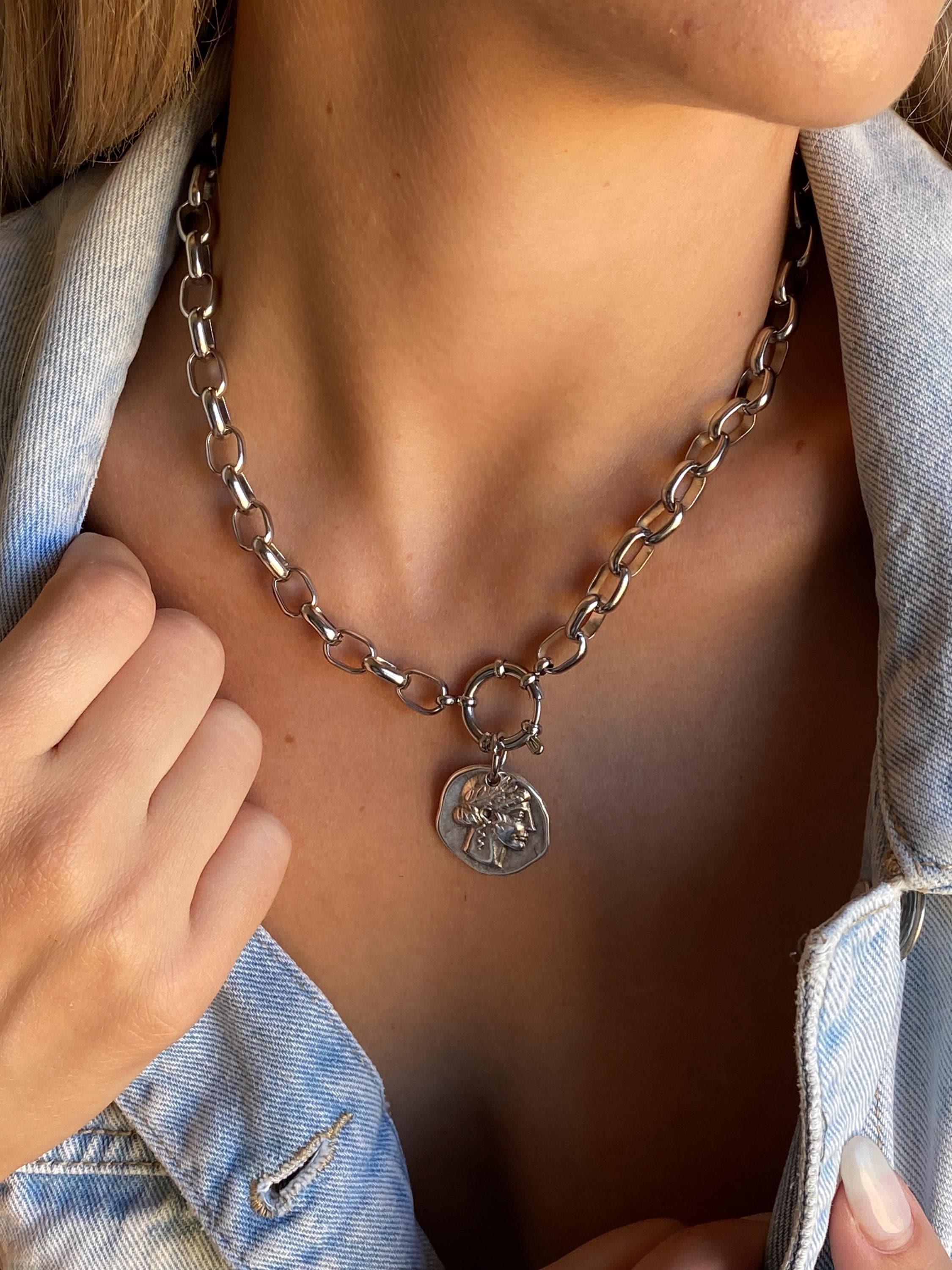 Chunky Silver Coin Necklace, Ancient Greek Medallion Pendant, Antique Boho Style, NIAM