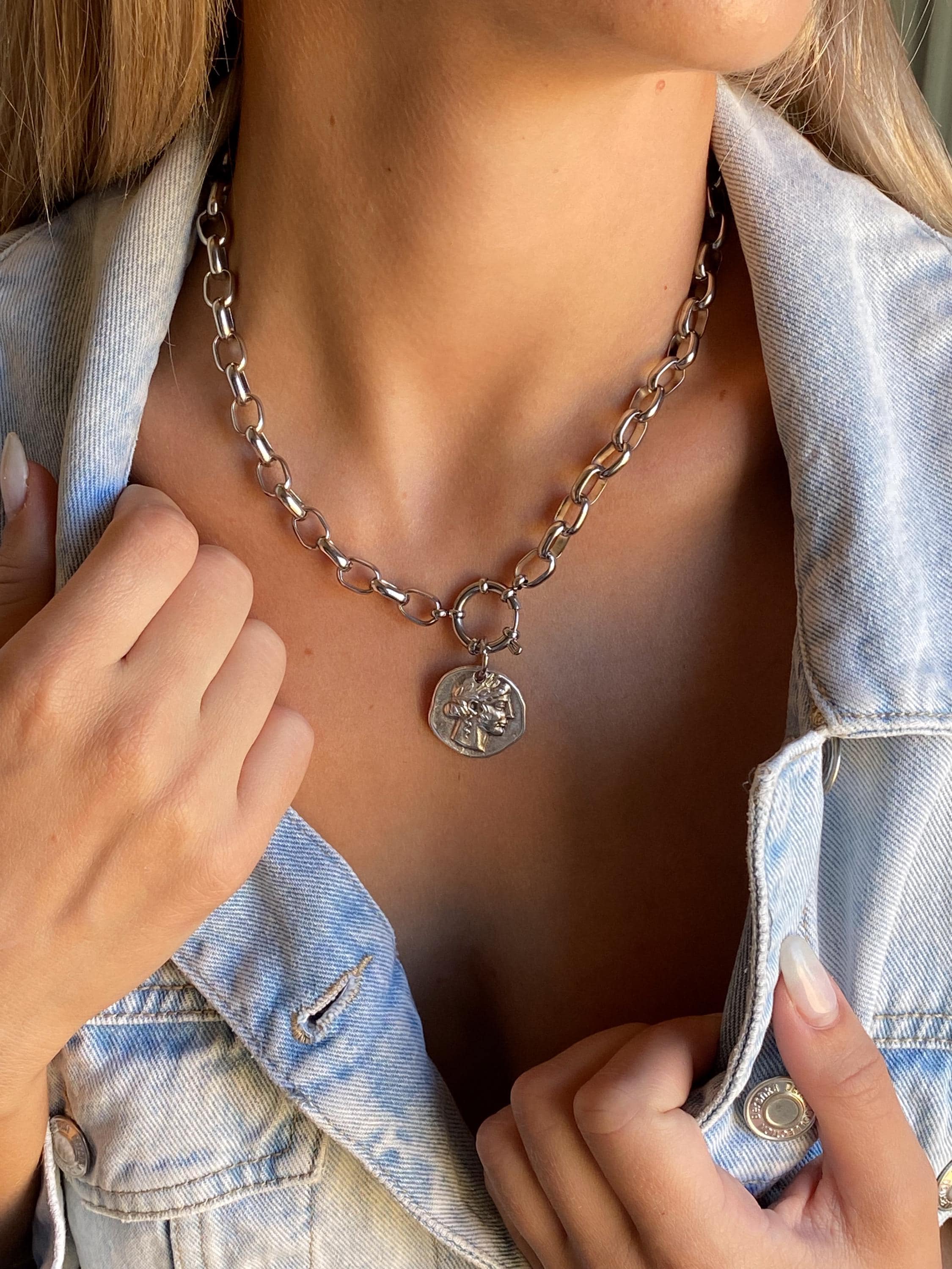 Chunky Silver Coin Necklace, Ancient Greek Medallion Pendant, Antique Boho Style, NIAM
