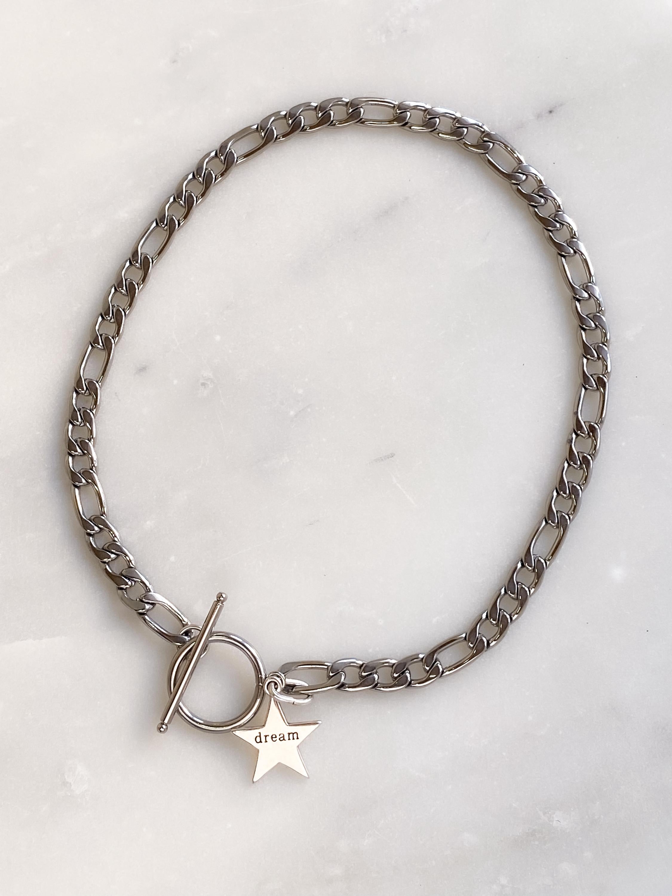 Silver Toggle Chain Necklace, Figaro chain Choker with star charm, Industrial Rock Style, DREAM