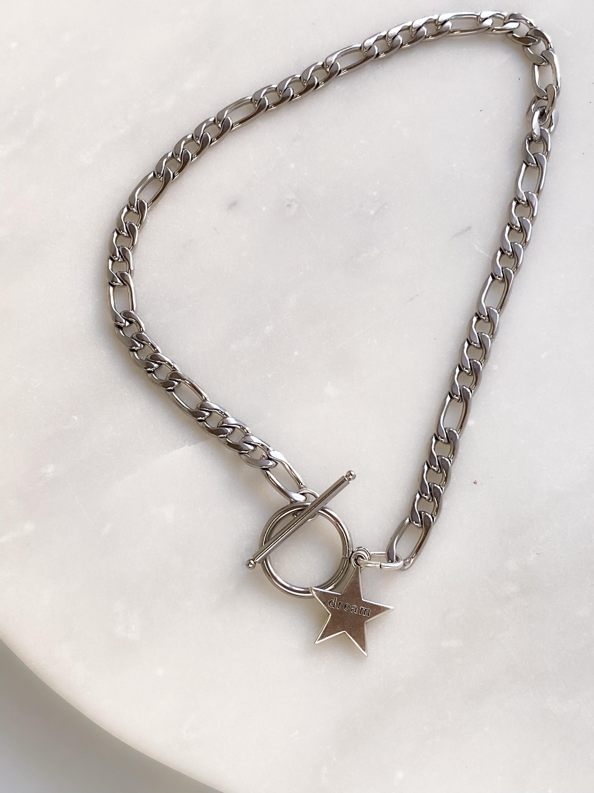 Silver Toggle Chain Necklace, Figaro chain Choker with star charm, Industrial Rock Style, DREAM
