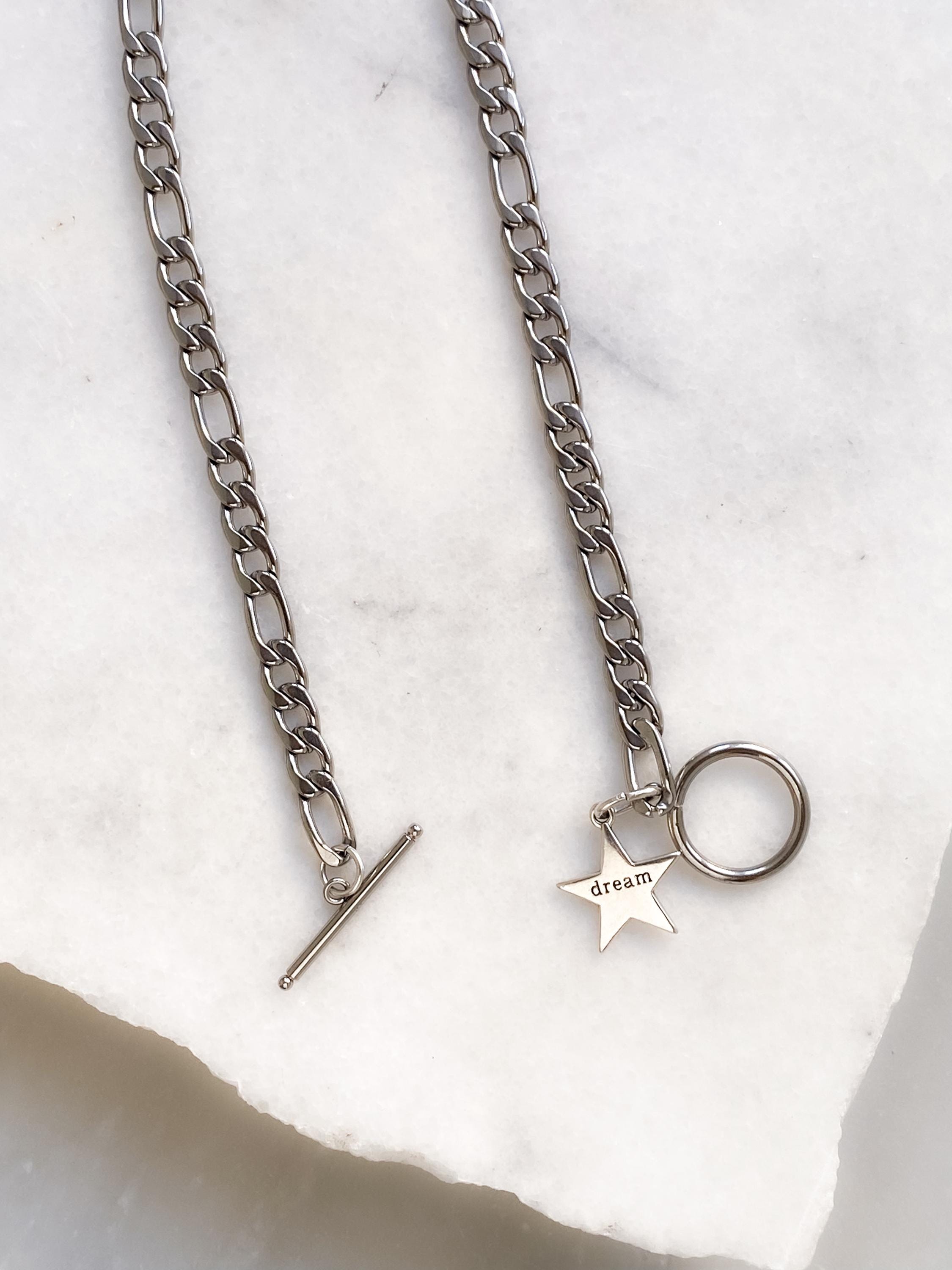 Silver Toggle Chain Necklace, Figaro chain Choker with star charm, Industrial Rock Style, DREAM