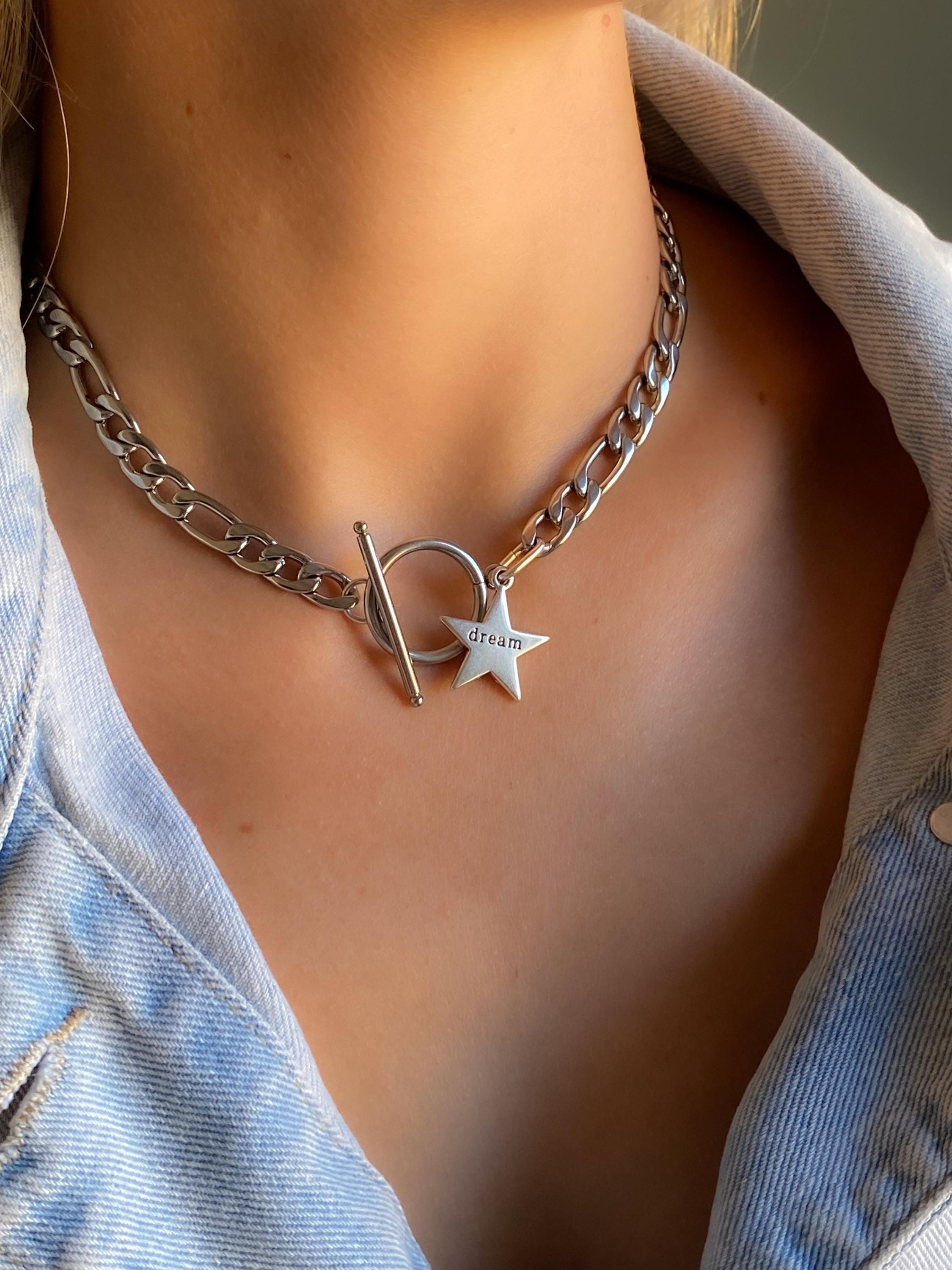 Silver Toggle Chain Necklace, Figaro chain Choker with star charm, Industrial Rock Style, DREAM