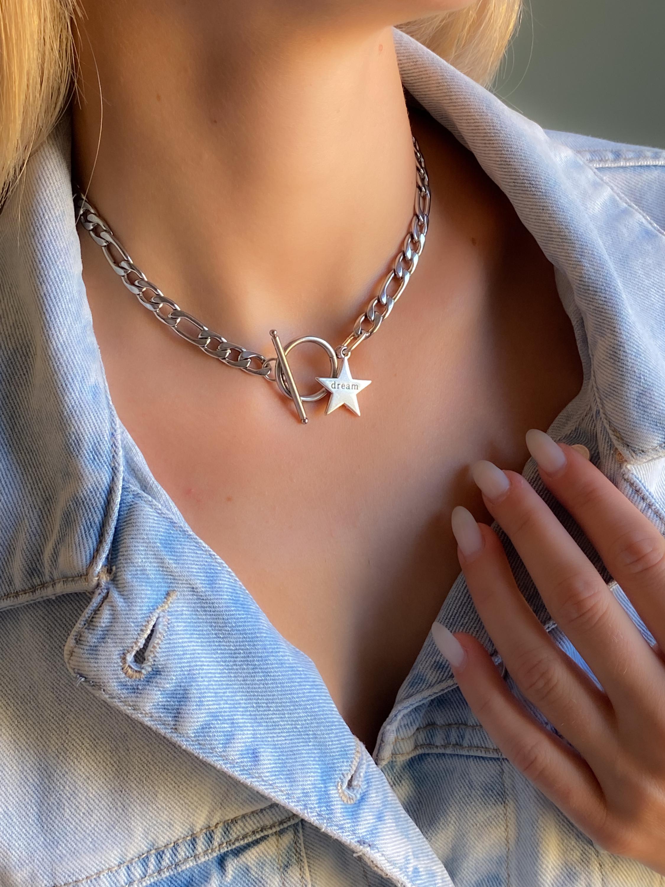 Silver Toggle Chain Necklace, Figaro chain Choker with star charm, Industrial Rock Style, DREAM