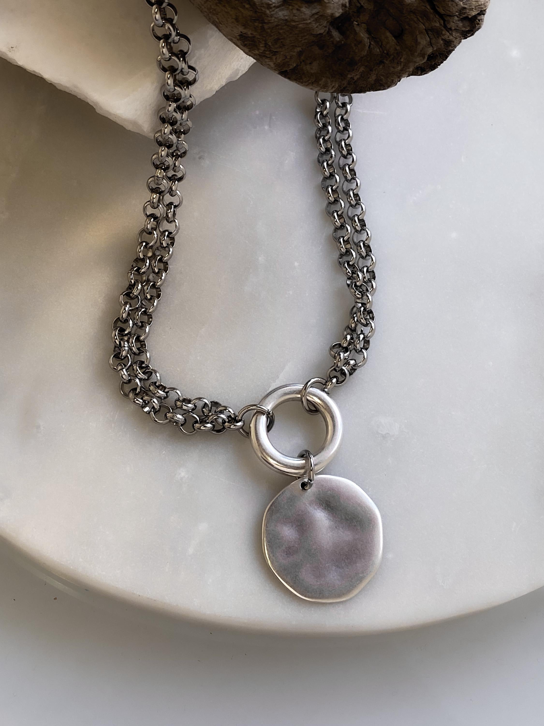 ADILON, Silver Double Chain Necklace with Coin