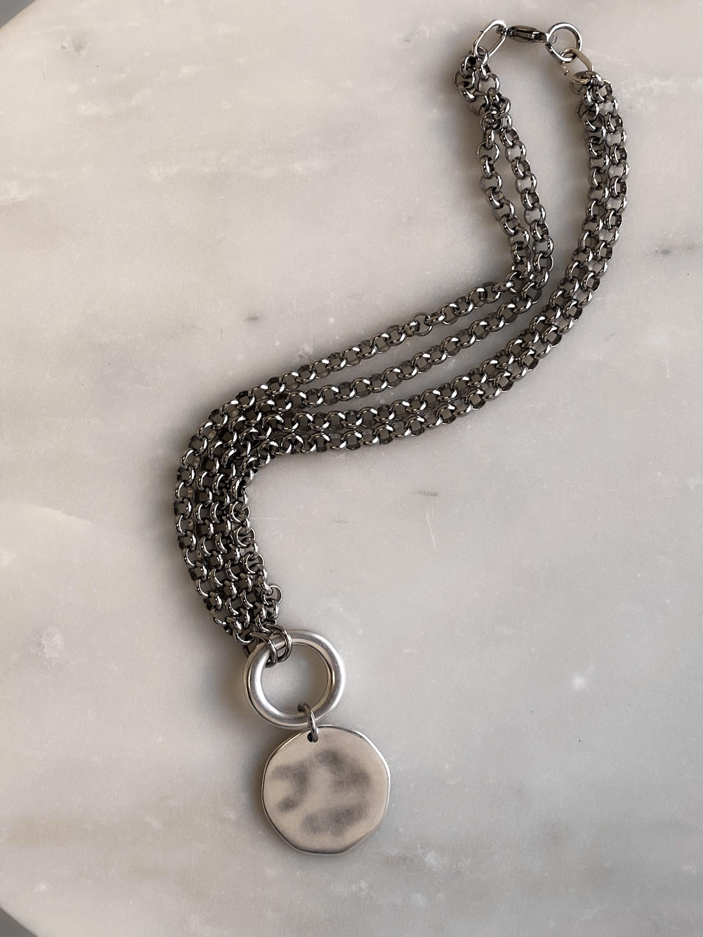 ADILON, Silver Double Chain Necklace with Coin