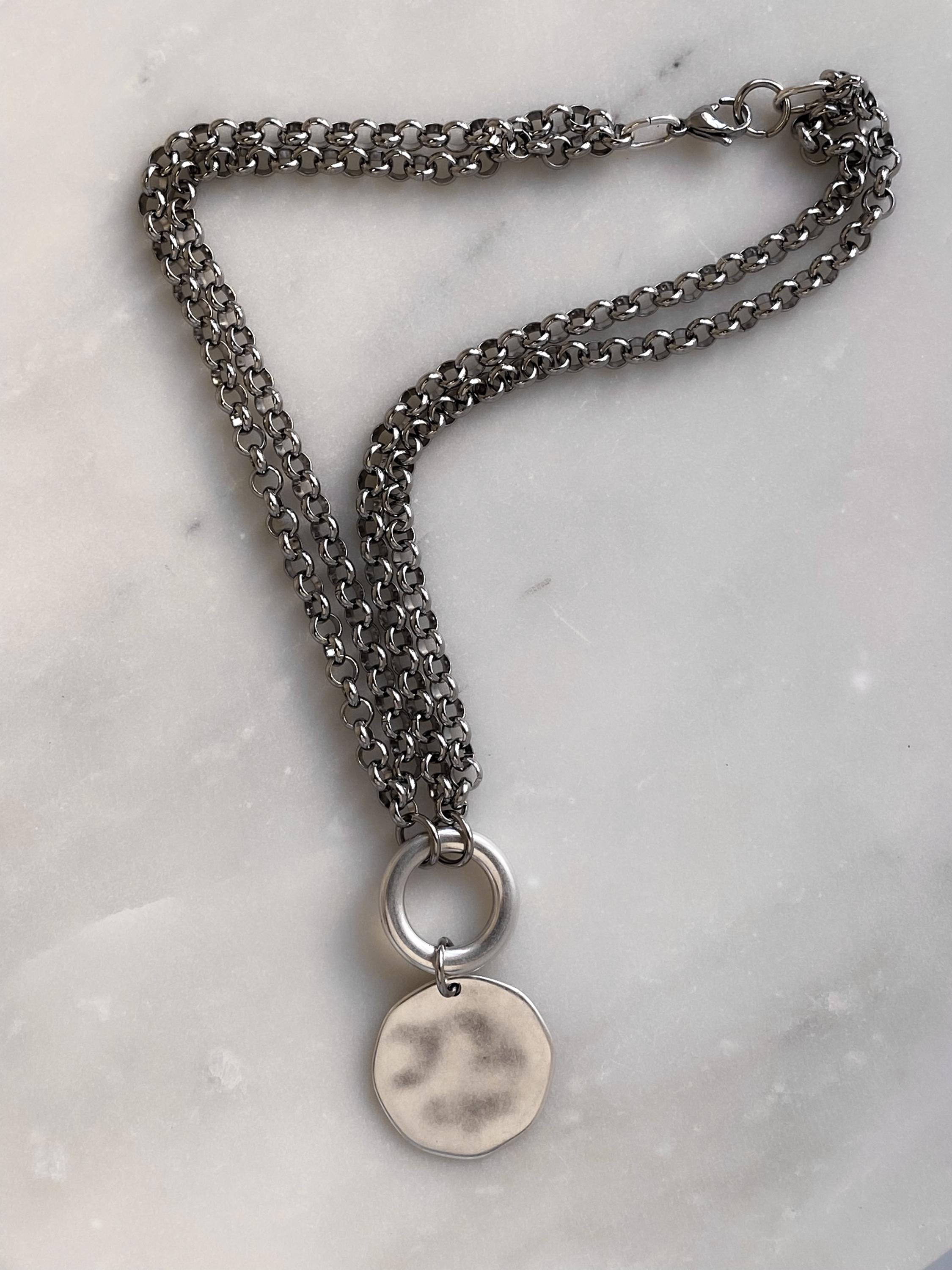 ADILON, Silver Double Chain Necklace with Coin