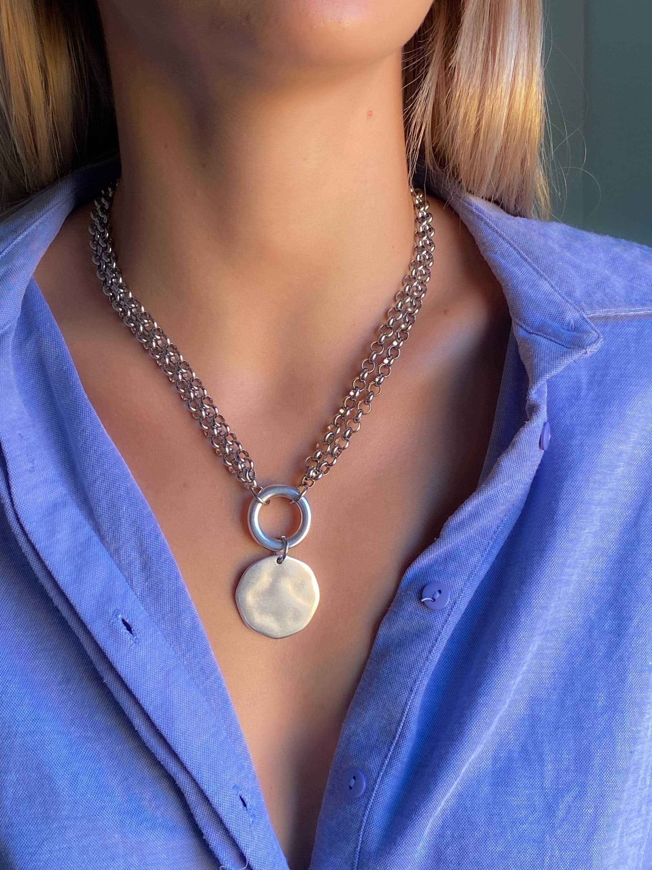 ADILON, Silver Double Chain Necklace with Coin