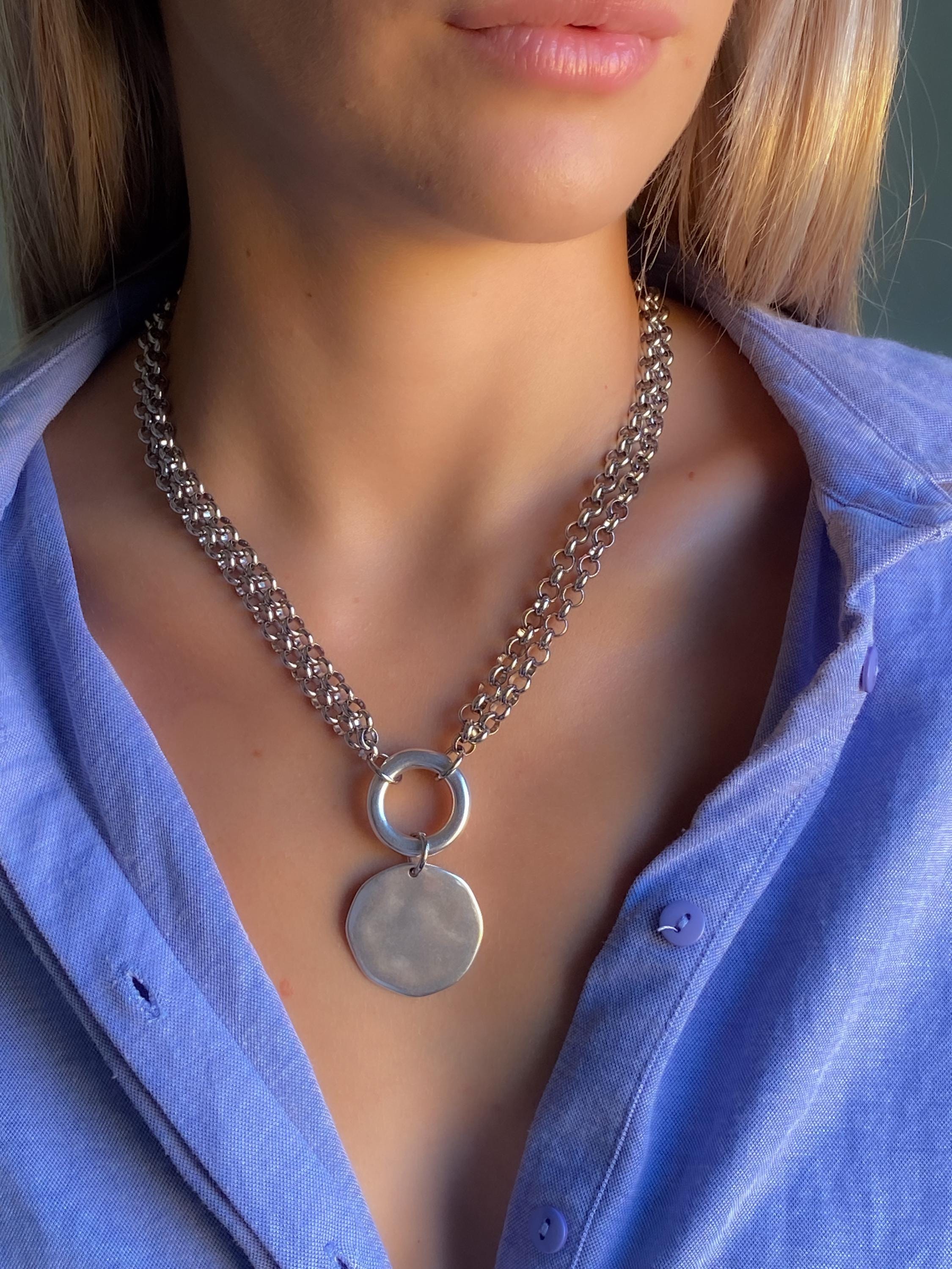 ADILON, Silver Double Chain Necklace with Coin