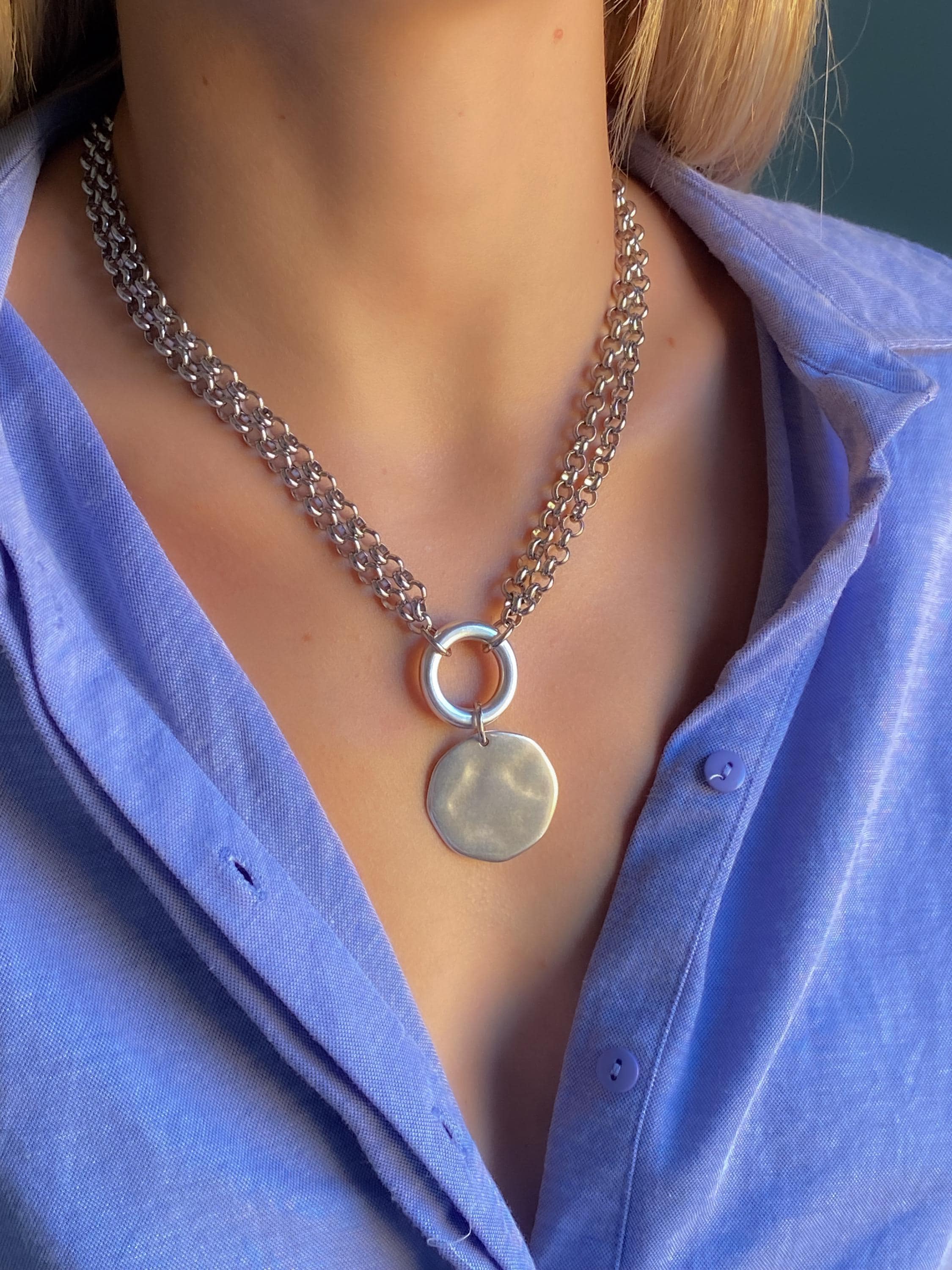 ADILON, Silver Double Chain Necklace with Coin