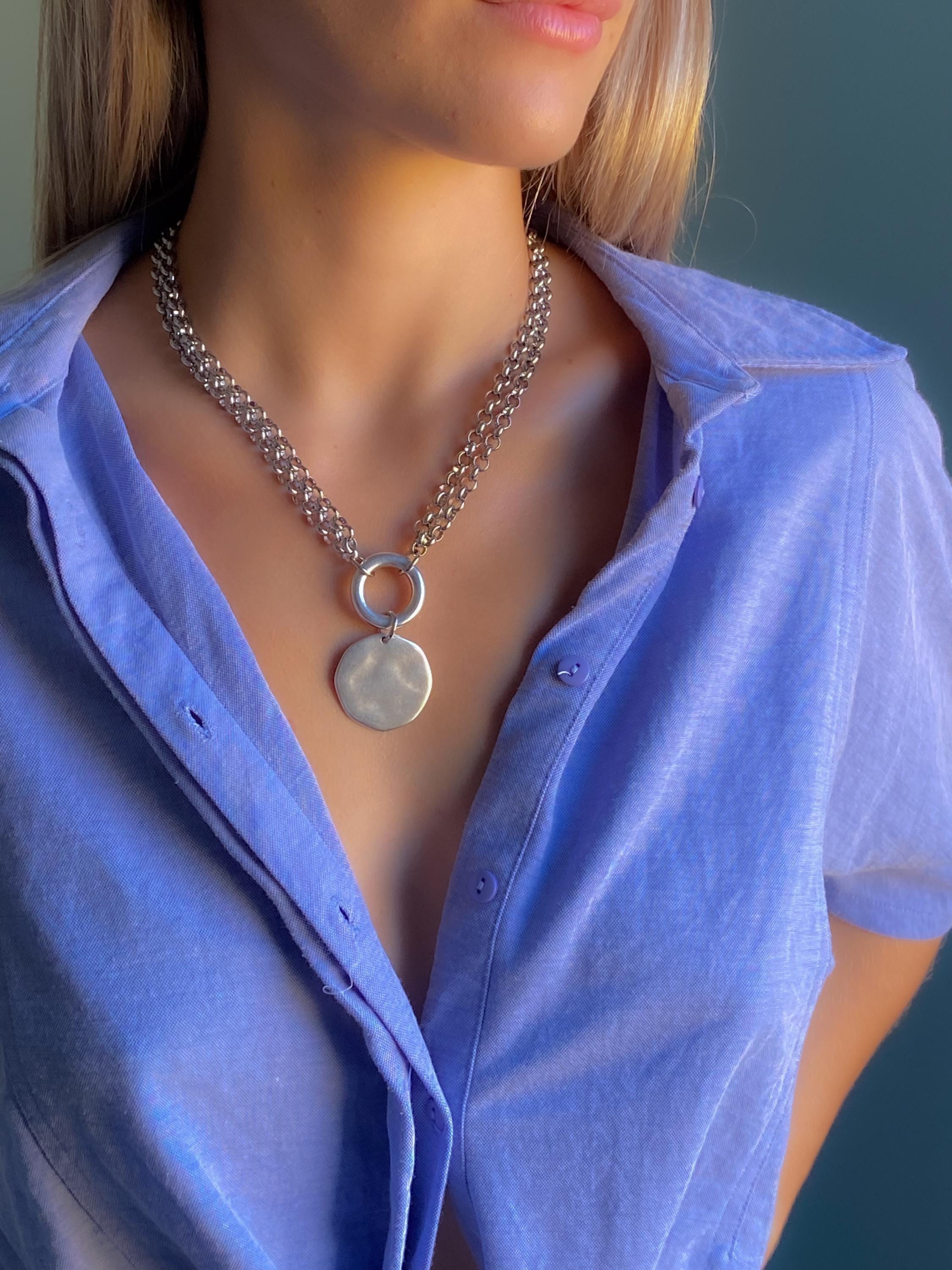 ADILON, Silver Double Chain Necklace with Coin