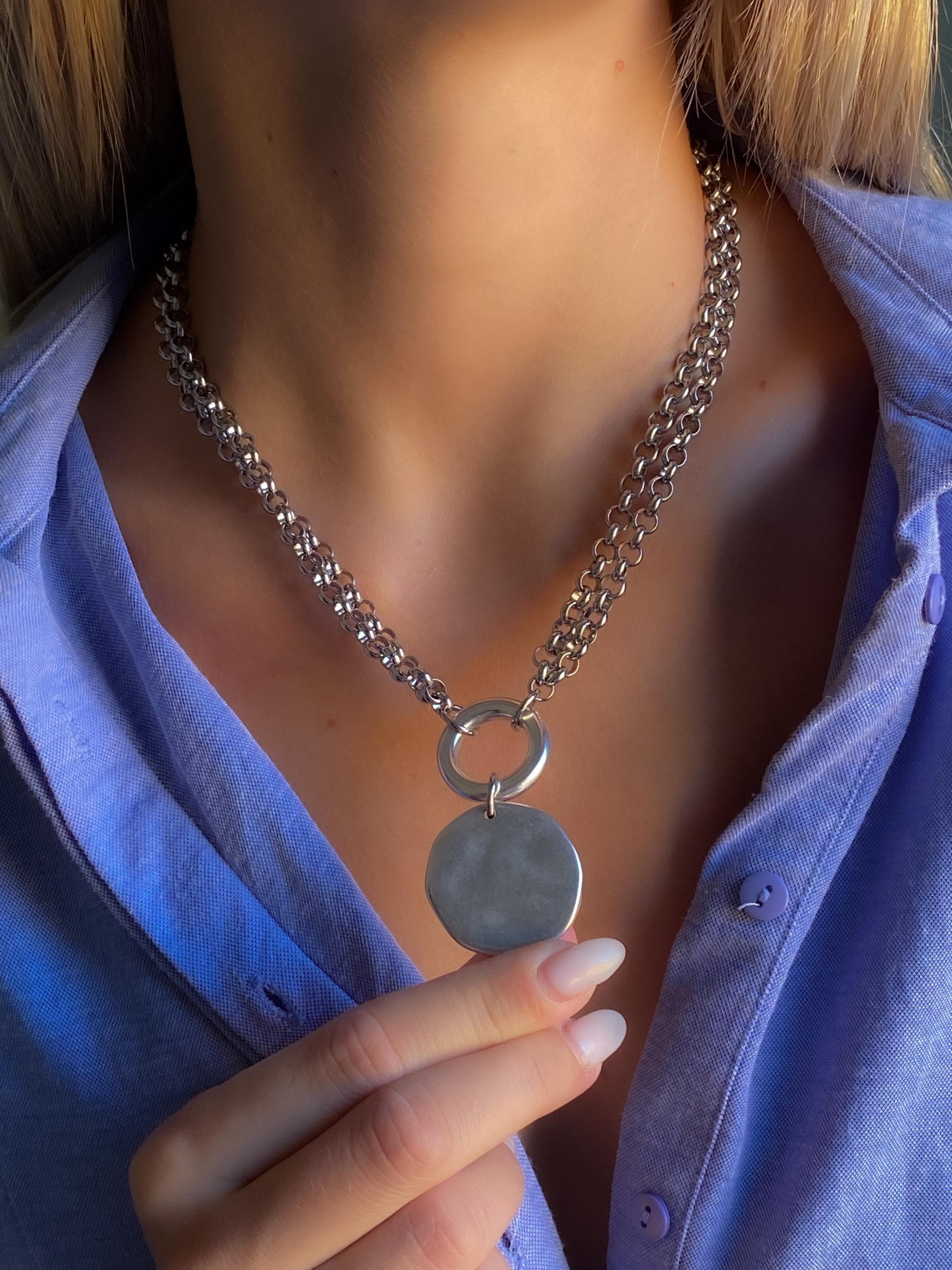 ADILON, Silver Double Chain Necklace with Coin