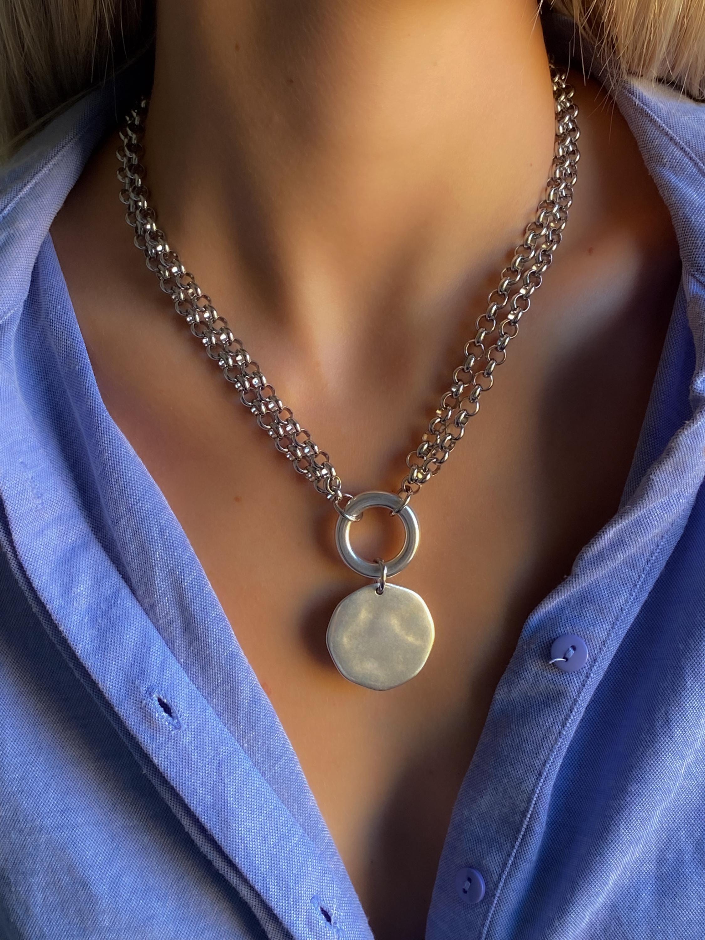 ADILON, Silver Double Chain Necklace with Coin