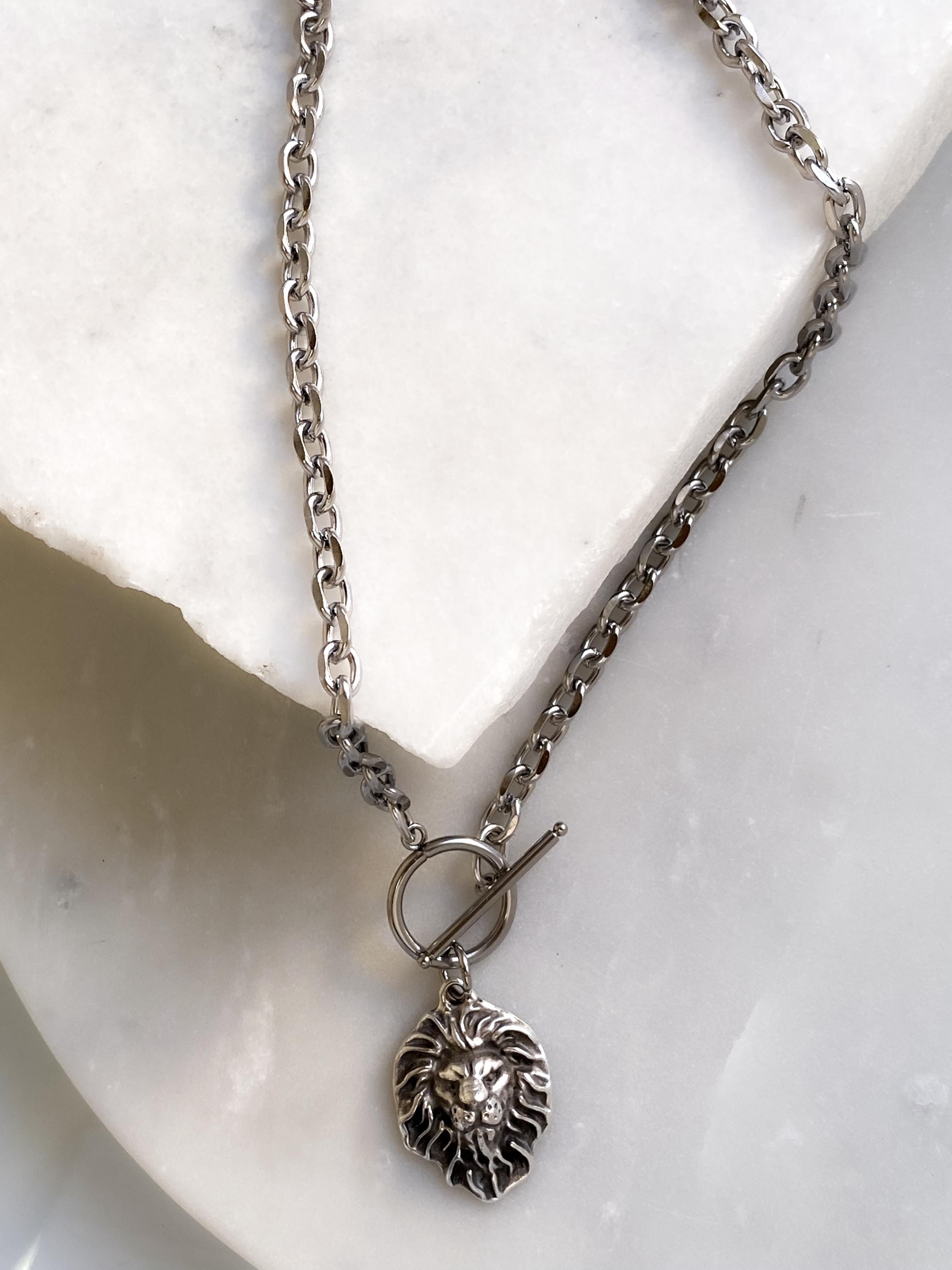 Women's Silver Chain Necklace with Lion Head Pendant, Toggle clasp Ancient Medallion, Vintage Style, Mother's Day Gift, LION
