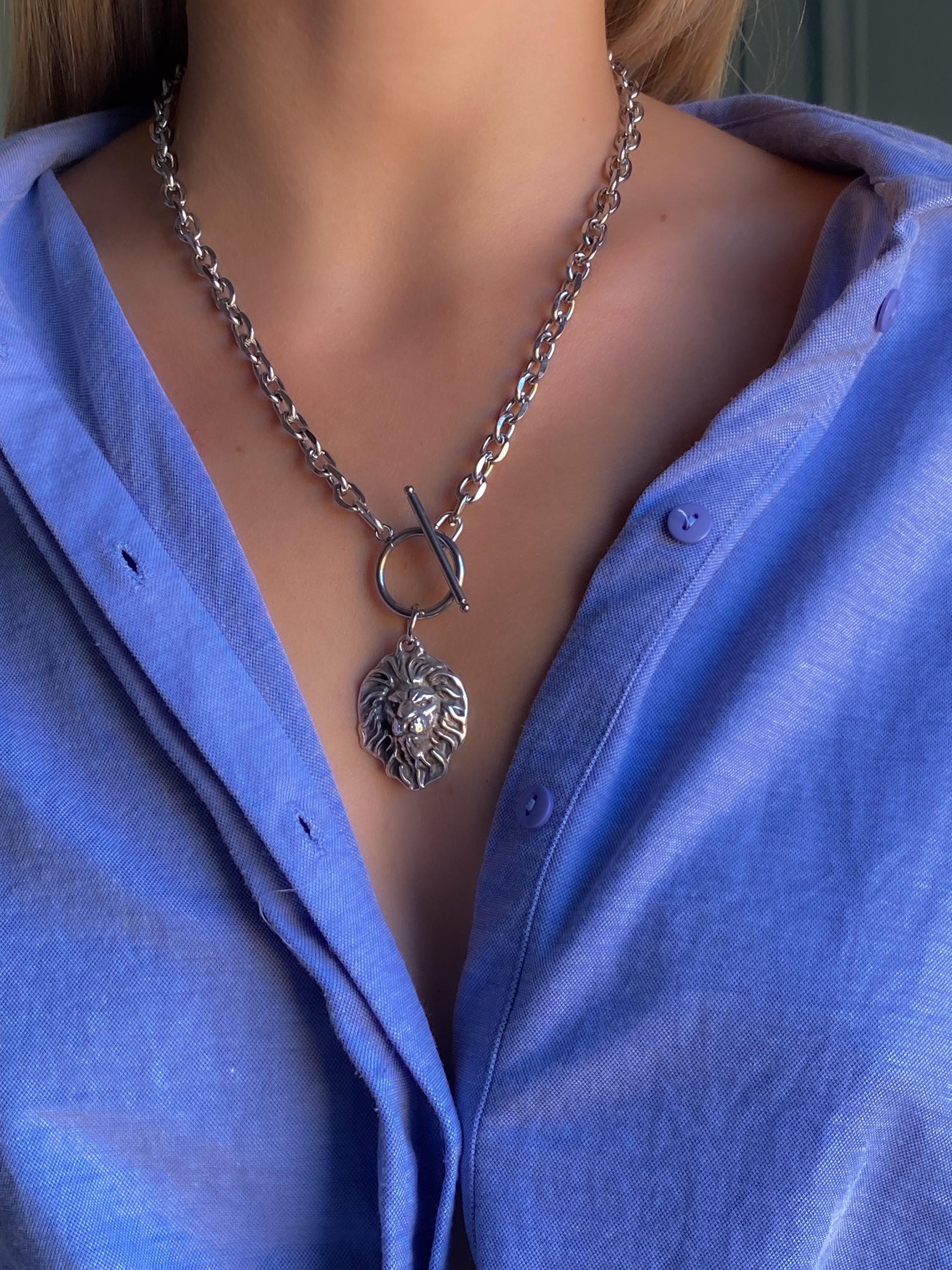 Women's Silver Chain Necklace with Lion Head Pendant, Toggle clasp Ancient Medallion, Vintage Style, Mother's Day Gift, LION