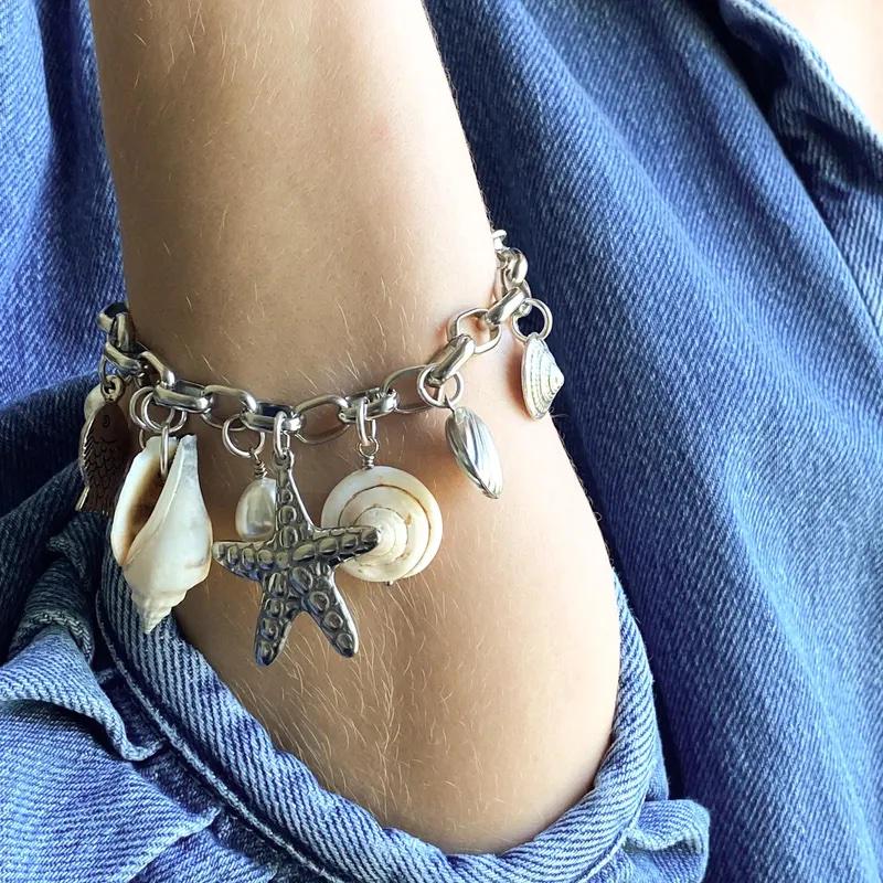 Chunky Silver chain Bracelet with sea shell charms, Starfish Statement mermaid bracelet, Ocean bracelet, Birthday Gift for her, THALASSA
