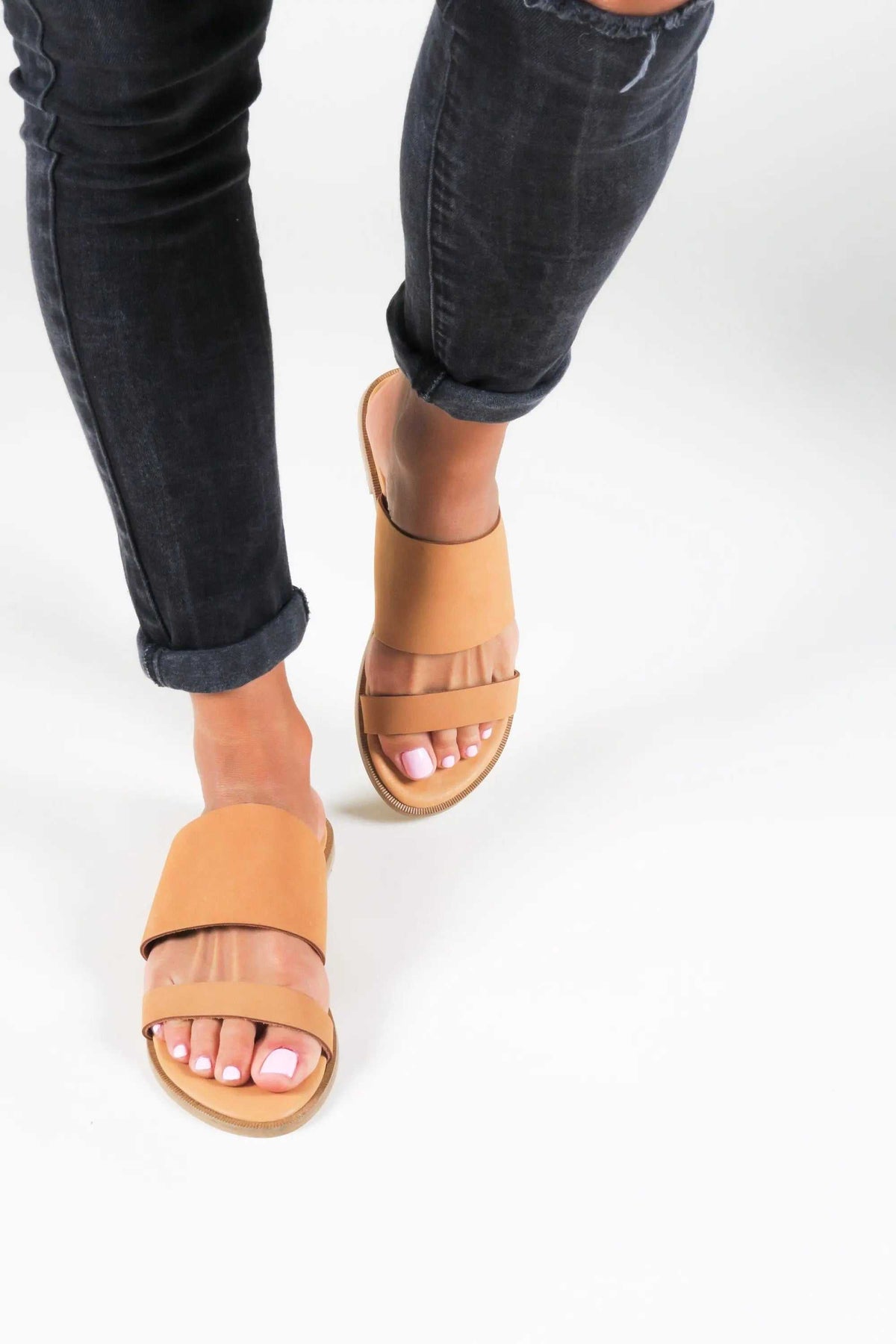 KYTHIRA Handmade Greek Sandals in tan leather with wide straps and two toe bands, featuring a padded footbed