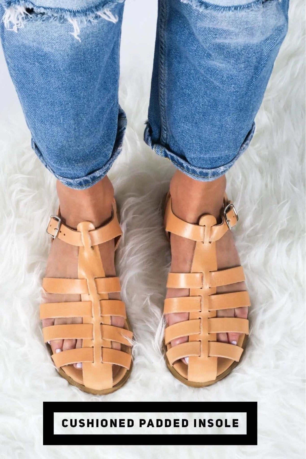 KIMOLOS Handmade Greek Sandals in tan leather, featuring a cushioned padded insole and multi-strap gladiator design.